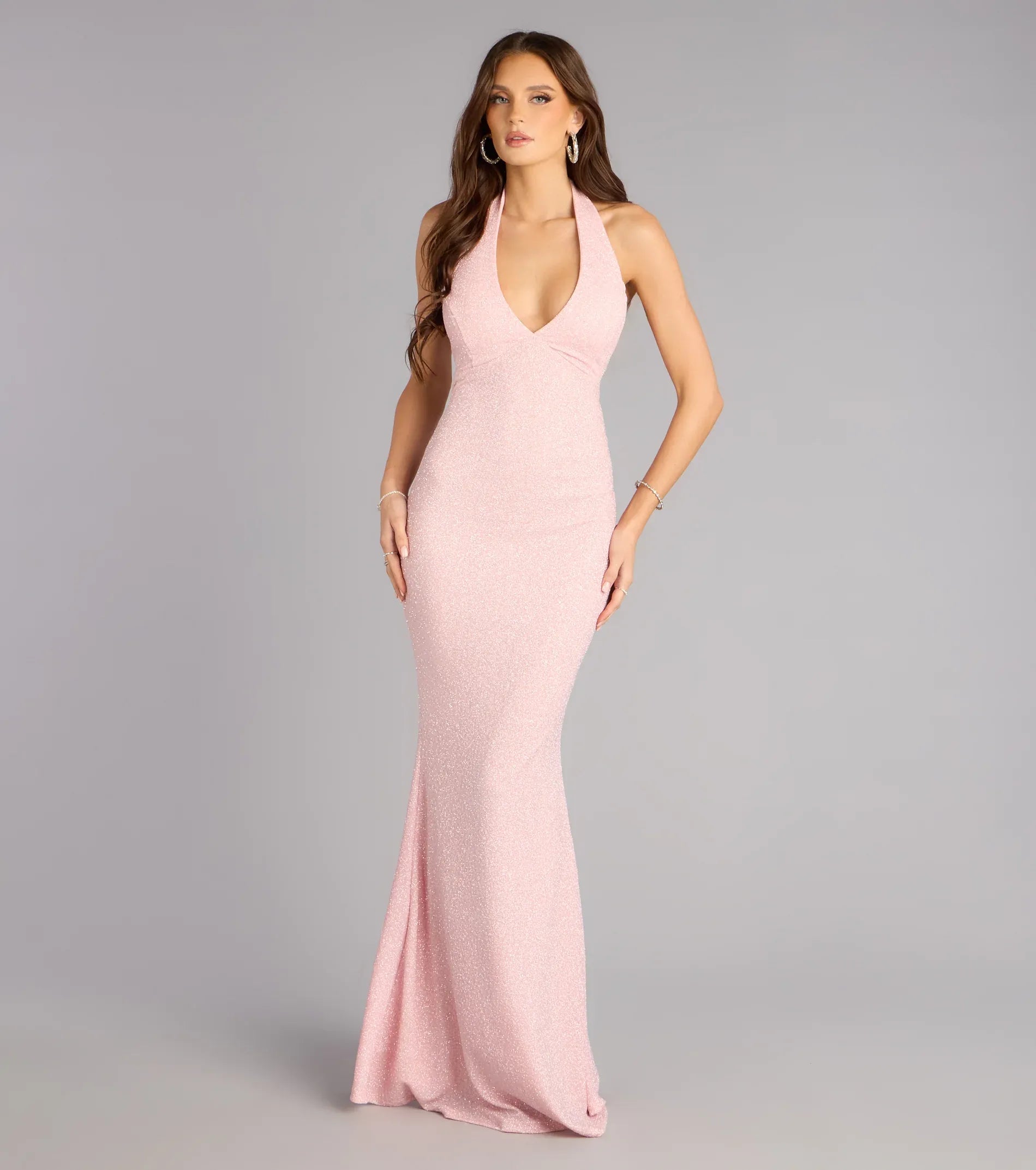 Dainty Pink Glitter Mermaid Halter V‑Neck Cutout Back Floor Length Wedding Guest Dresses