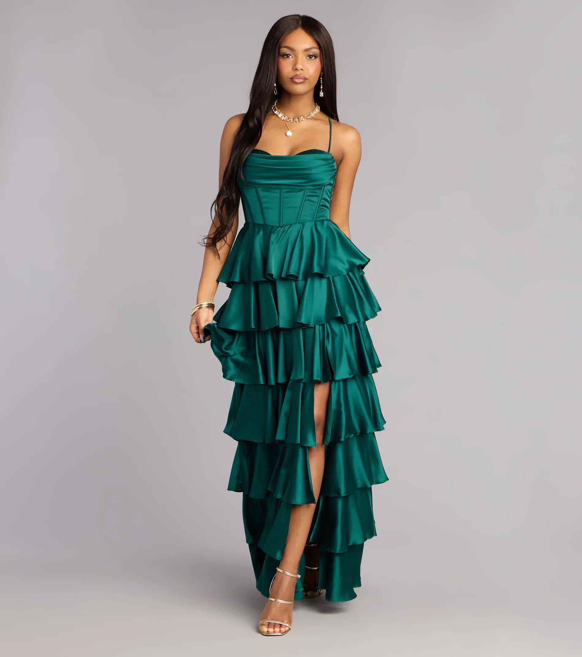 Emerald Satin Corset Tiered Ruffle Lace Up Back High Slit Wedding Guest Maxi Dress