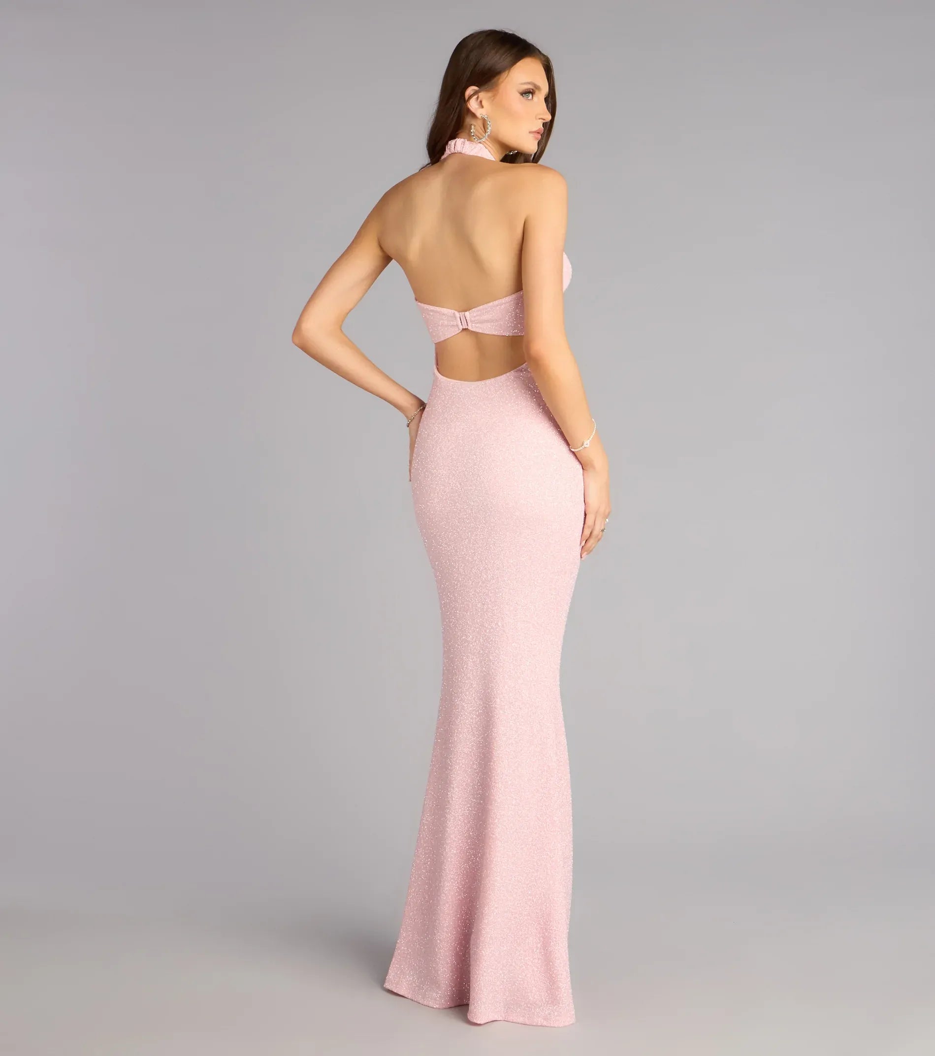 Dainty Pink Glitter Mermaid Halter V‑Neck Cutout Back Floor Length Wedding Guest Dresses