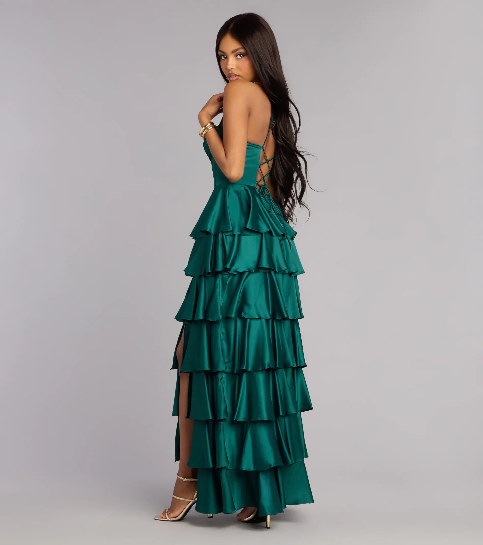 Emerald Satin Corset Tiered Ruffle Lace Up Back High Slit Wedding Guest Maxi Dress