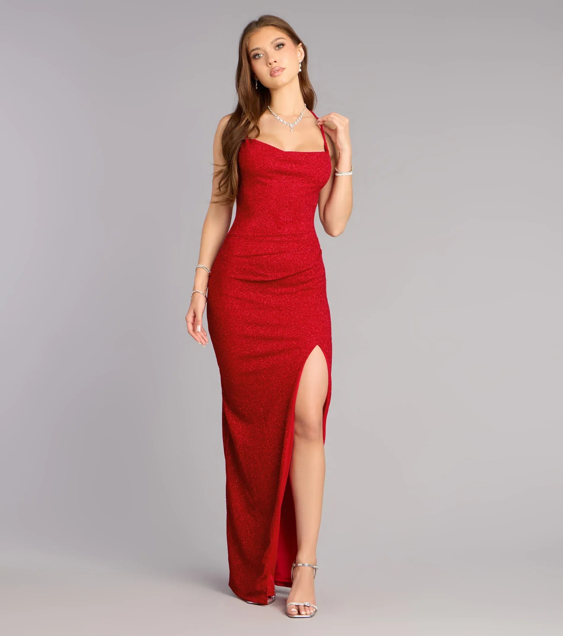 Red Glitter Cowl Neck Spaghetti Strap Tie Back High Slit Mermaid Wedding Guest Maxi Dress