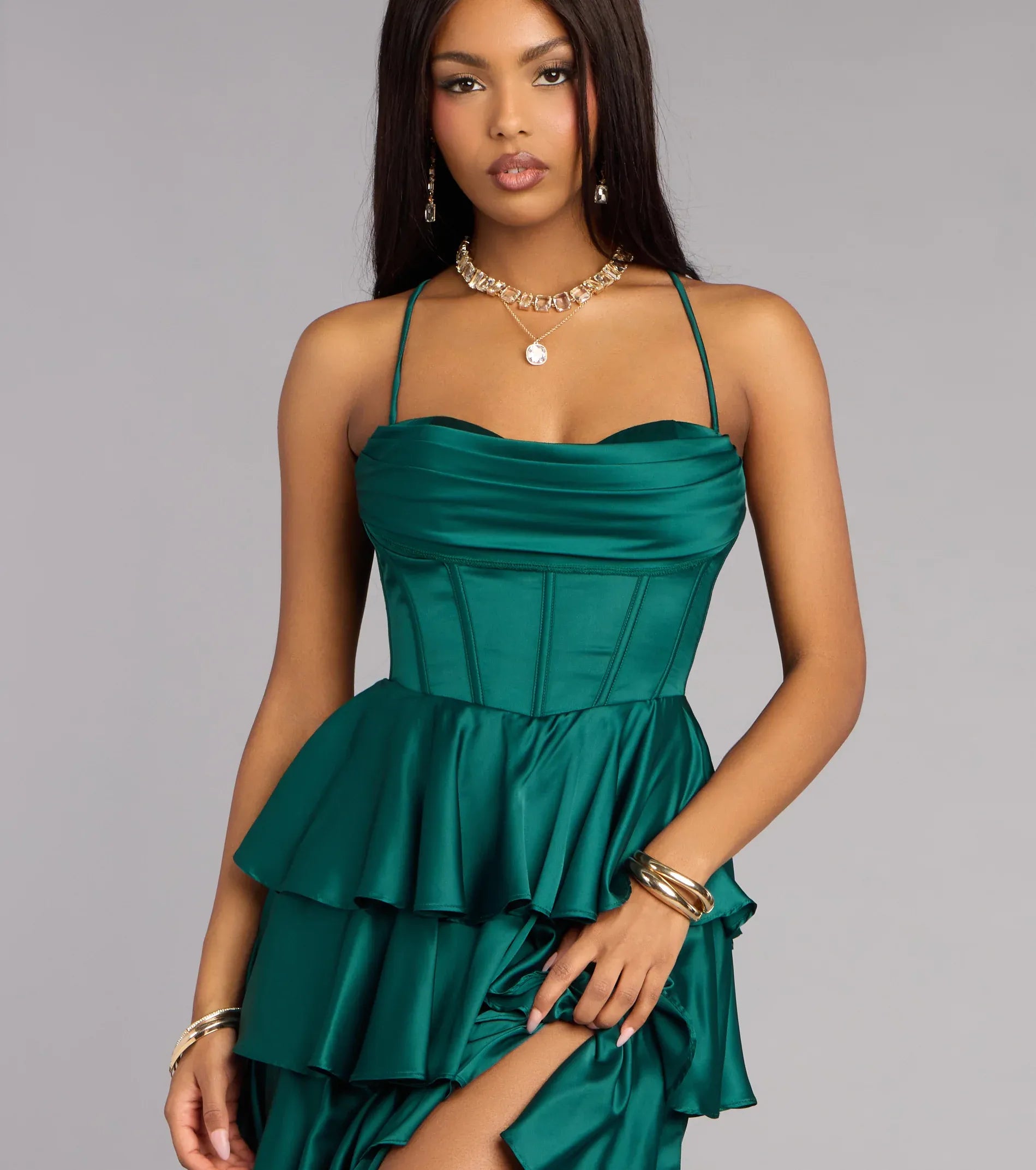Emerald Satin Corset Tiered Ruffle Lace Up Back High Slit Wedding Guest Maxi Dress
