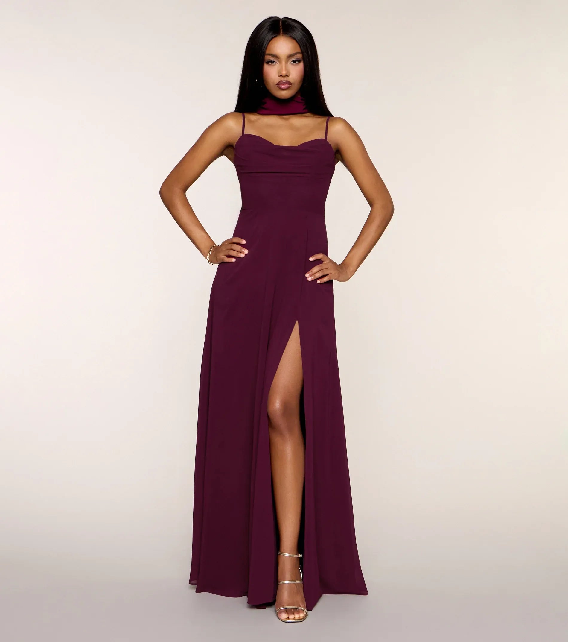 Plum Chiffon Cowl Neck Spaghetti Strap Lace Up Back High Slit Wedding Guest Maxi Dress