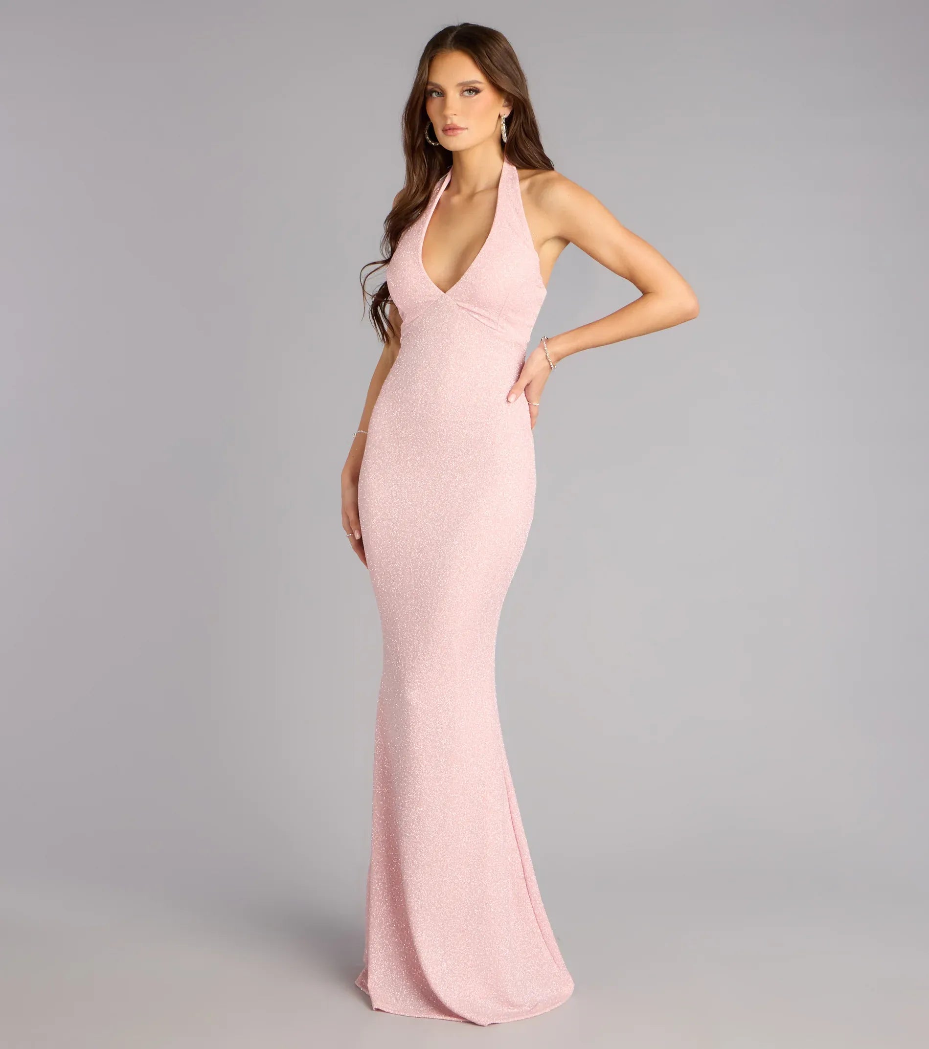 Dainty Pink Glitter Mermaid Halter V‑Neck Cutout Back Floor Length Wedding Guest Dresses