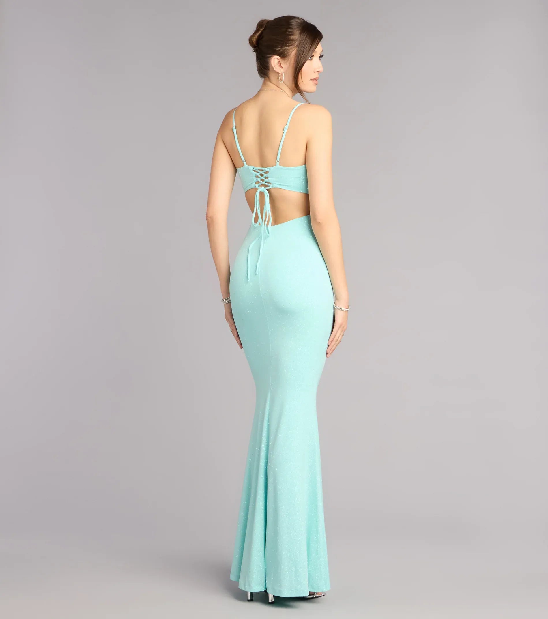 Turquoise Glitter Spaghetti Strap Lace Up Back Mermaid Wedding Guest Maxi Dress