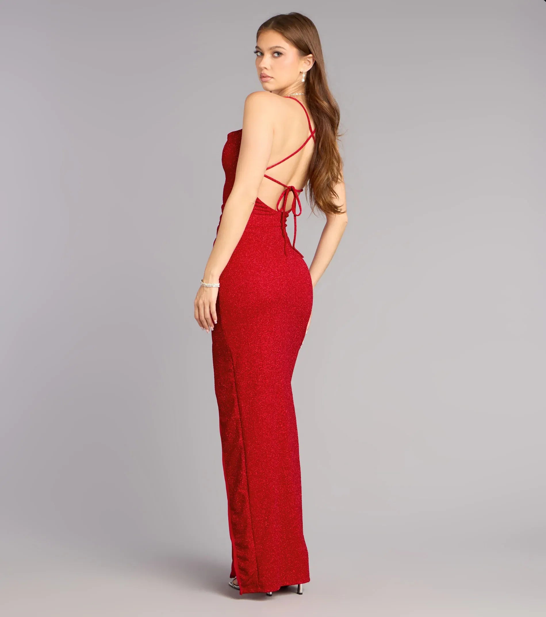 Red Glitter Cowl Neck Spaghetti Strap Tie Back High Slit Mermaid Wedding Guest Maxi Dress