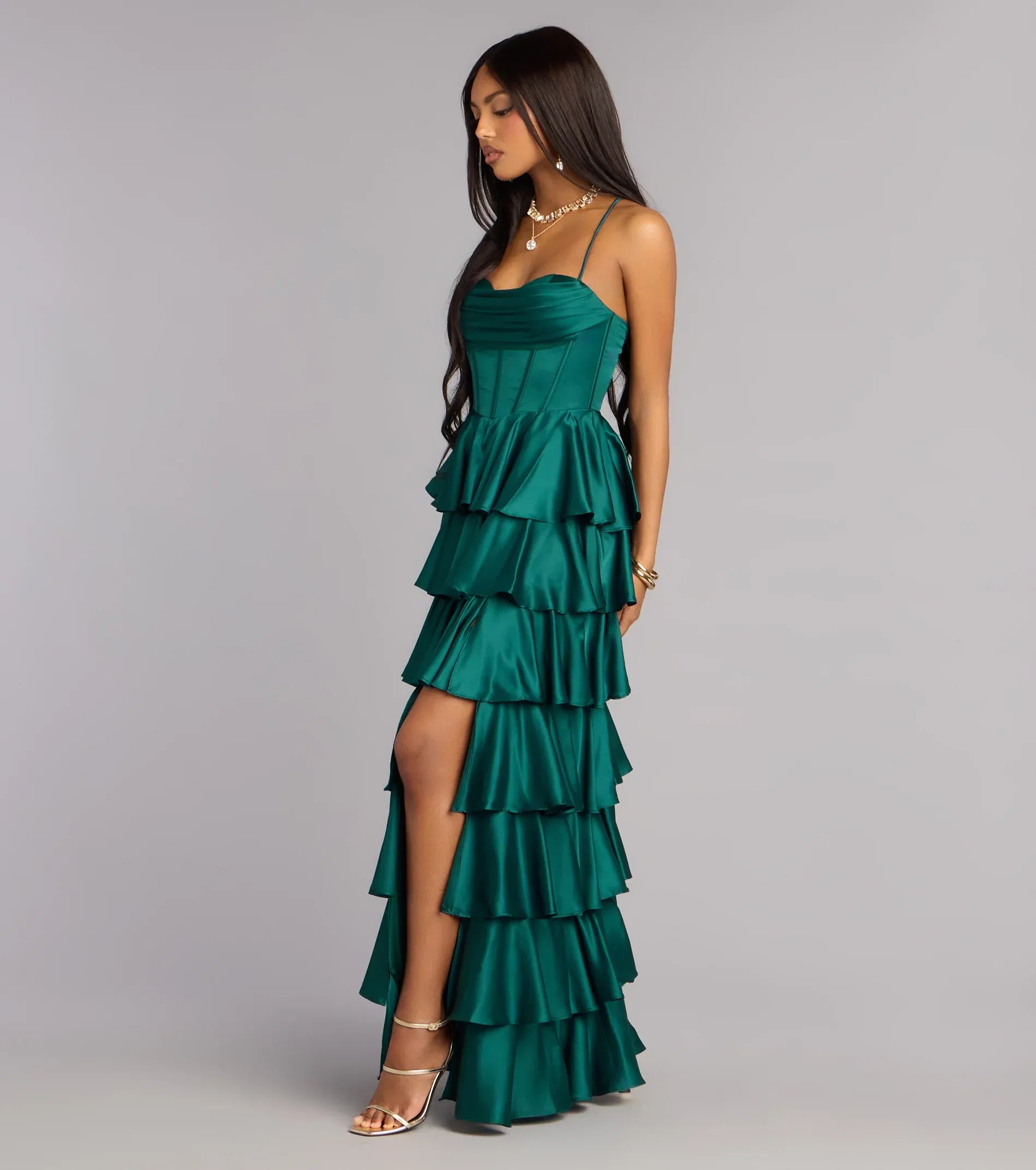 Emerald Satin Corset Tiered Ruffle Lace Up Back High Slit Wedding Guest Maxi Dress