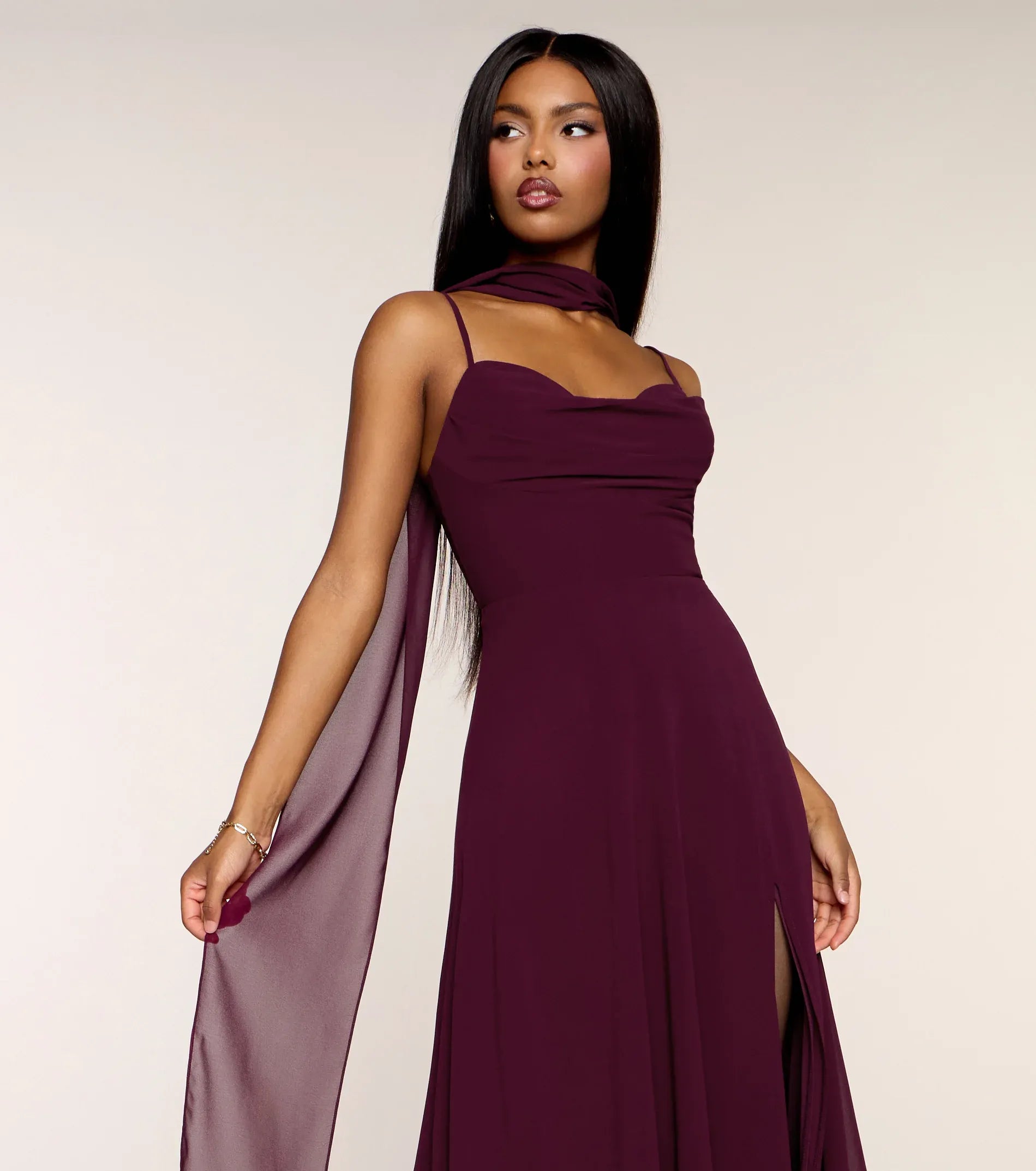 Plum Chiffon Cowl Neck Spaghetti Strap Lace Up Back High Slit Wedding Guest Maxi Dress