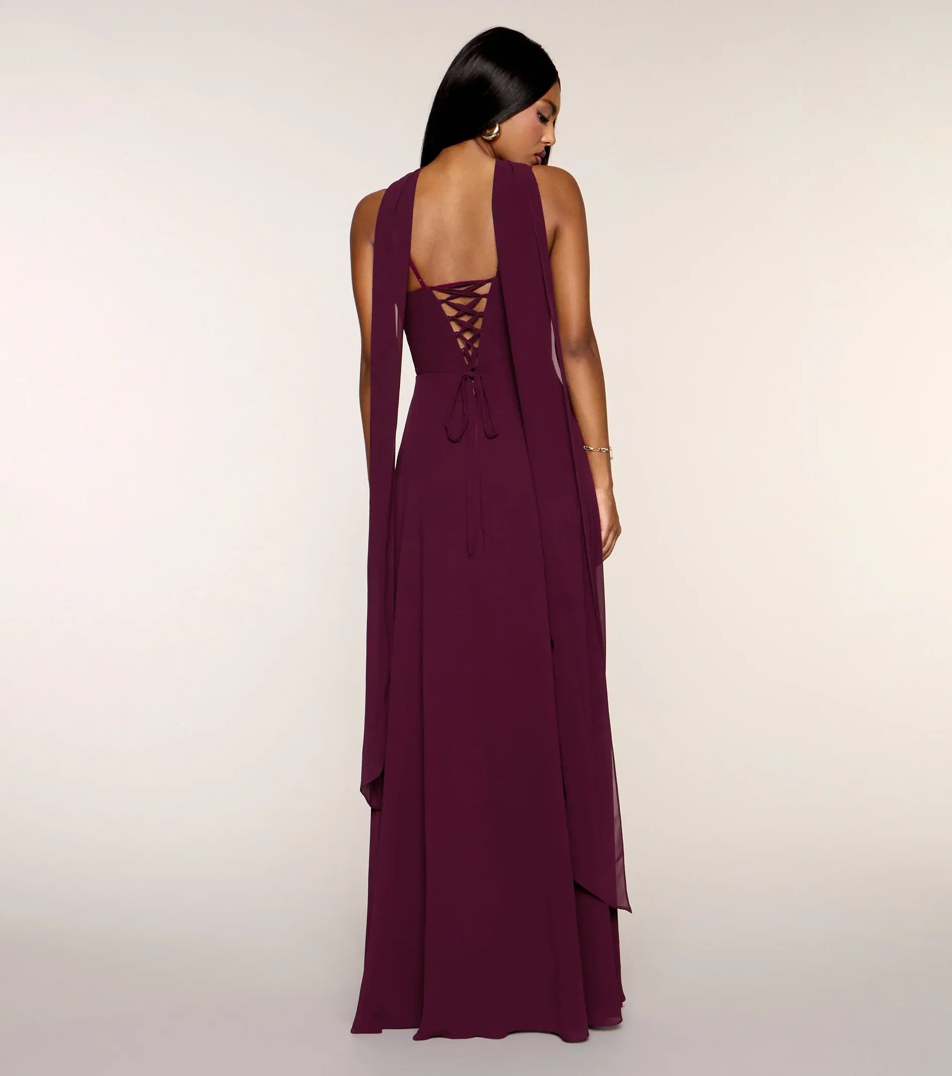 Plum Chiffon Cowl Neck Spaghetti Strap Lace Up Back High Slit Wedding Guest Maxi Dress