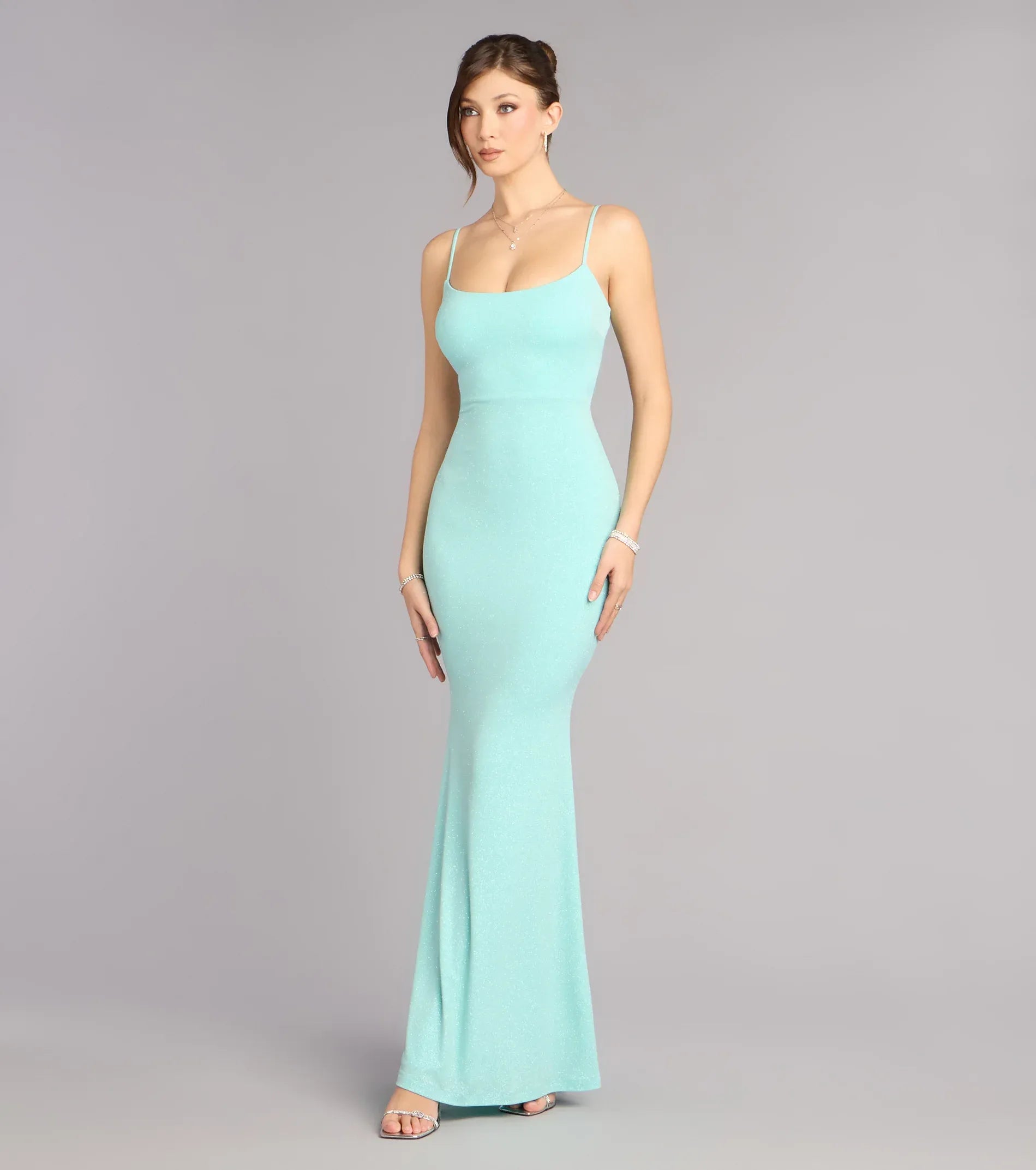 Turquoise Glitter Spaghetti Strap Lace Up Back Mermaid Wedding Guest Maxi Dress