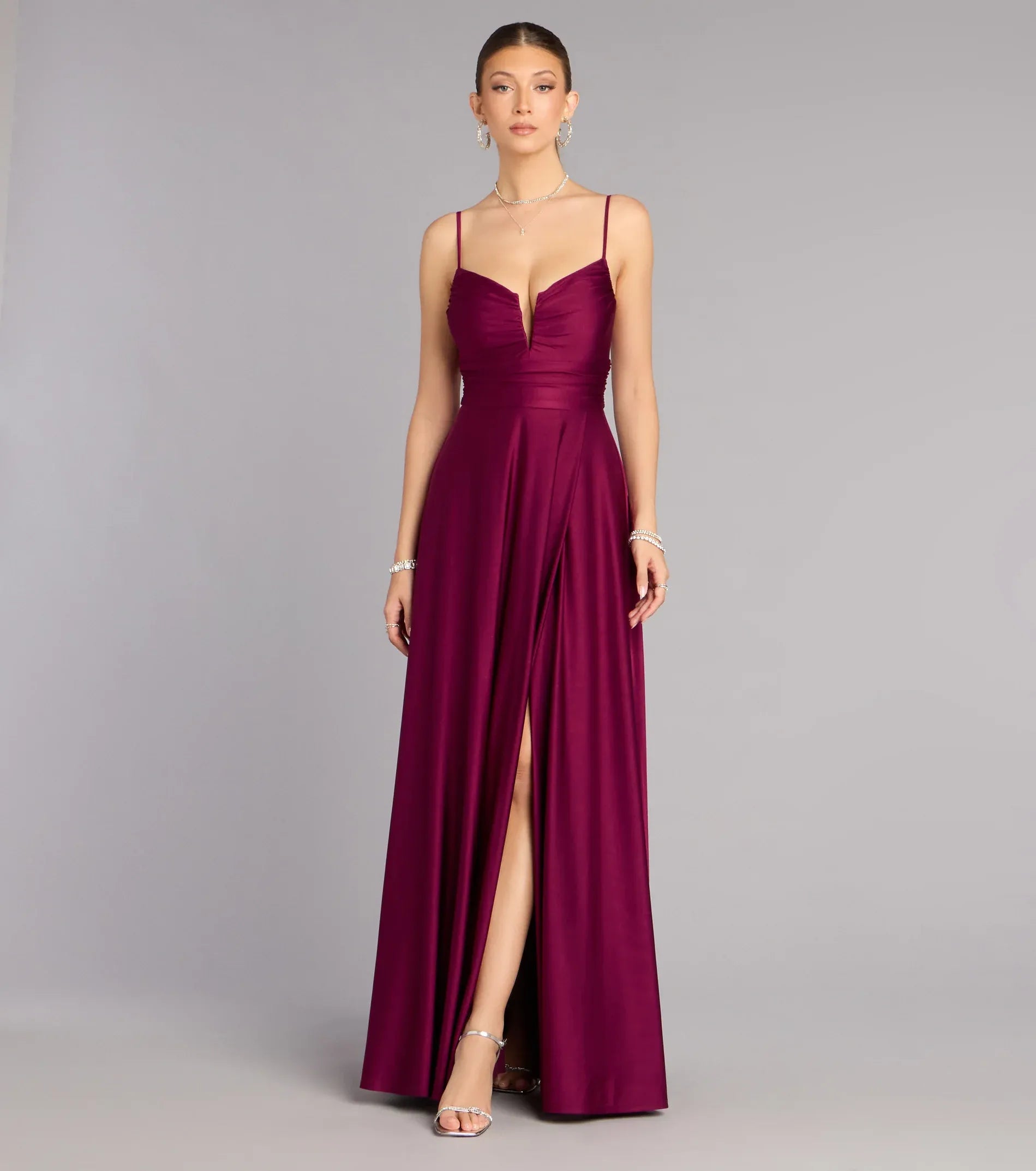 Burgundy Satin Spaghetti Strap Ruched V Neck High Slit A Line Wedding Guest Maxi Dress
