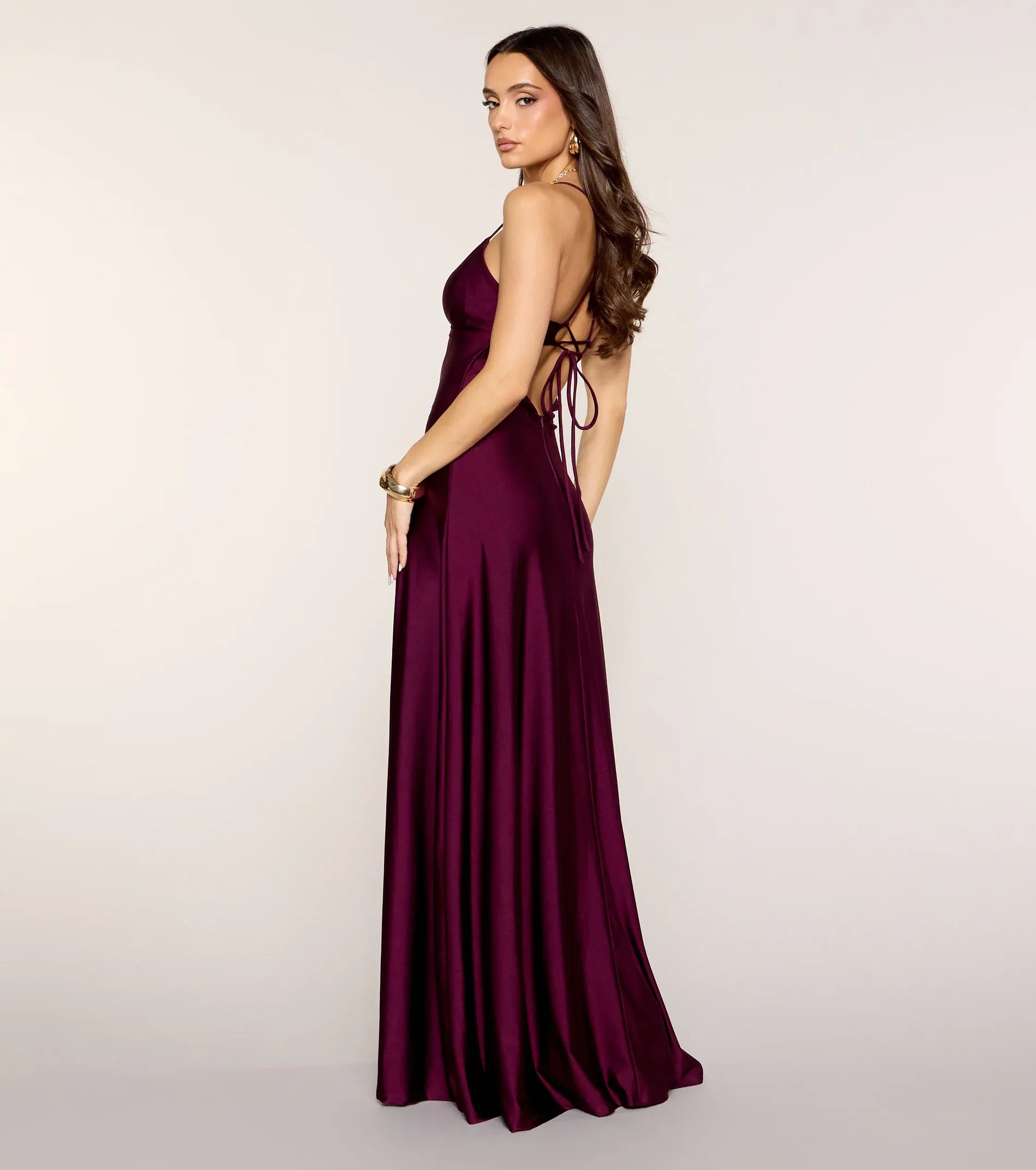 Burgundy Satin Spaghetti Strap Tie Back High Slit Wedding Guest Maxi Dress
