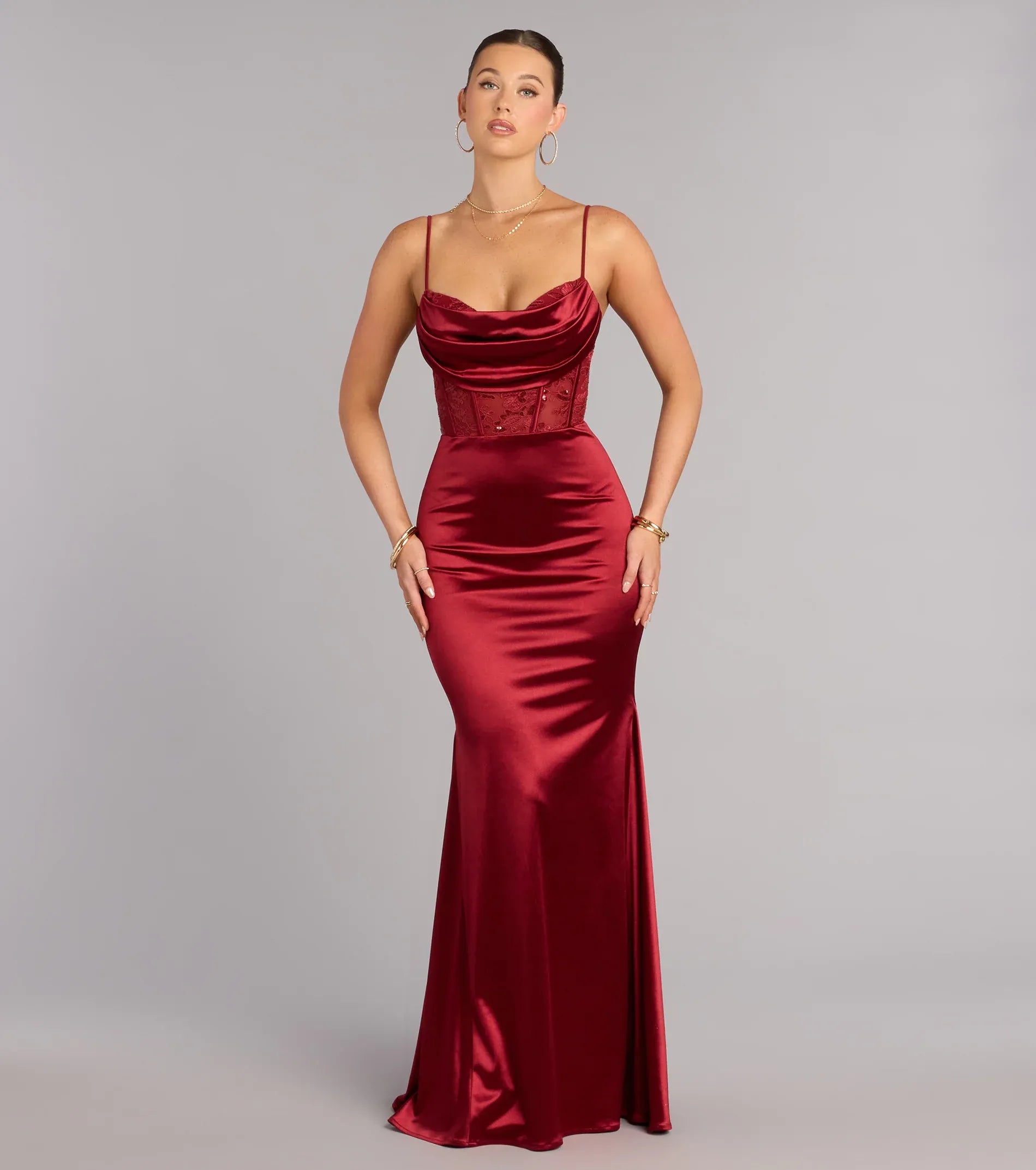Burgundy Satin Cowl Neck Lace Corset Lace Up Back Mermaid Wedding Guest Maxi Dresses