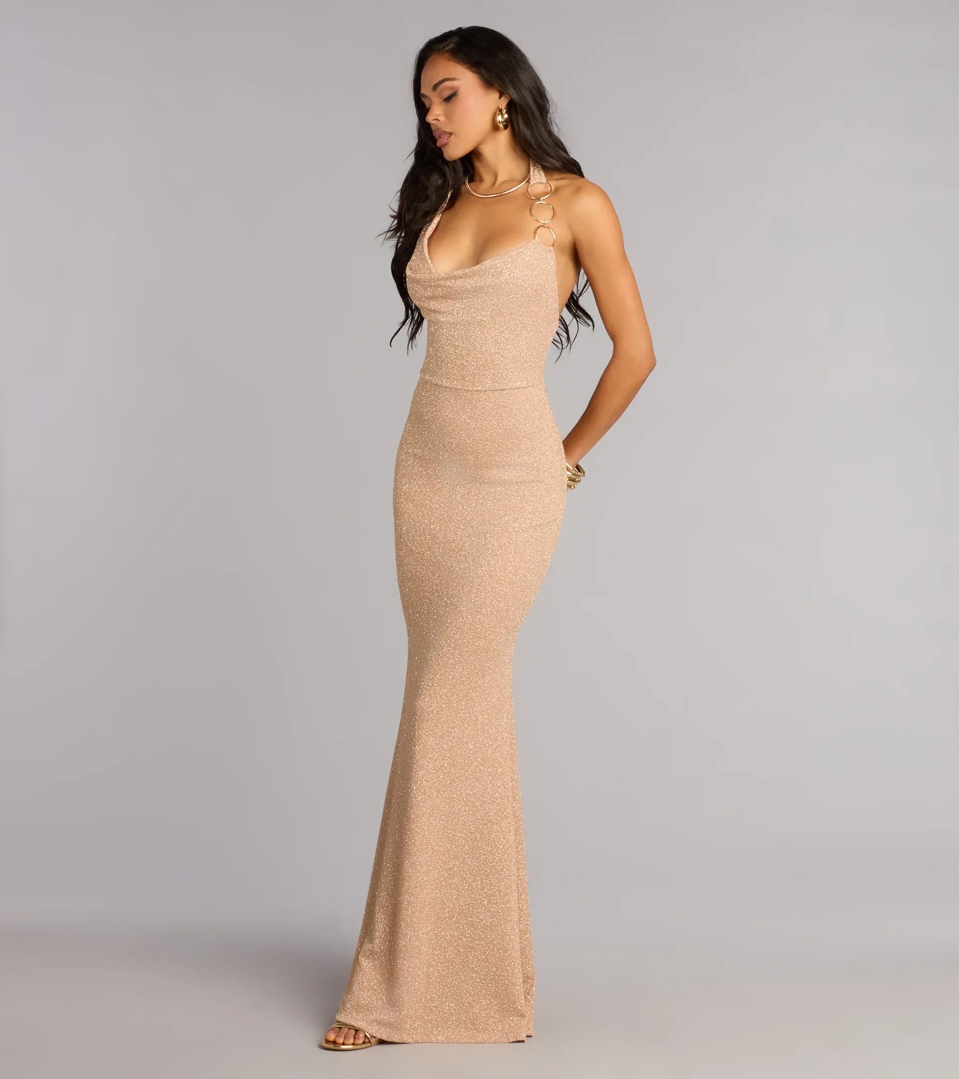 Nude Glitter Metal Ring Halter Cowl Open Back Mermaid Maxi Dress