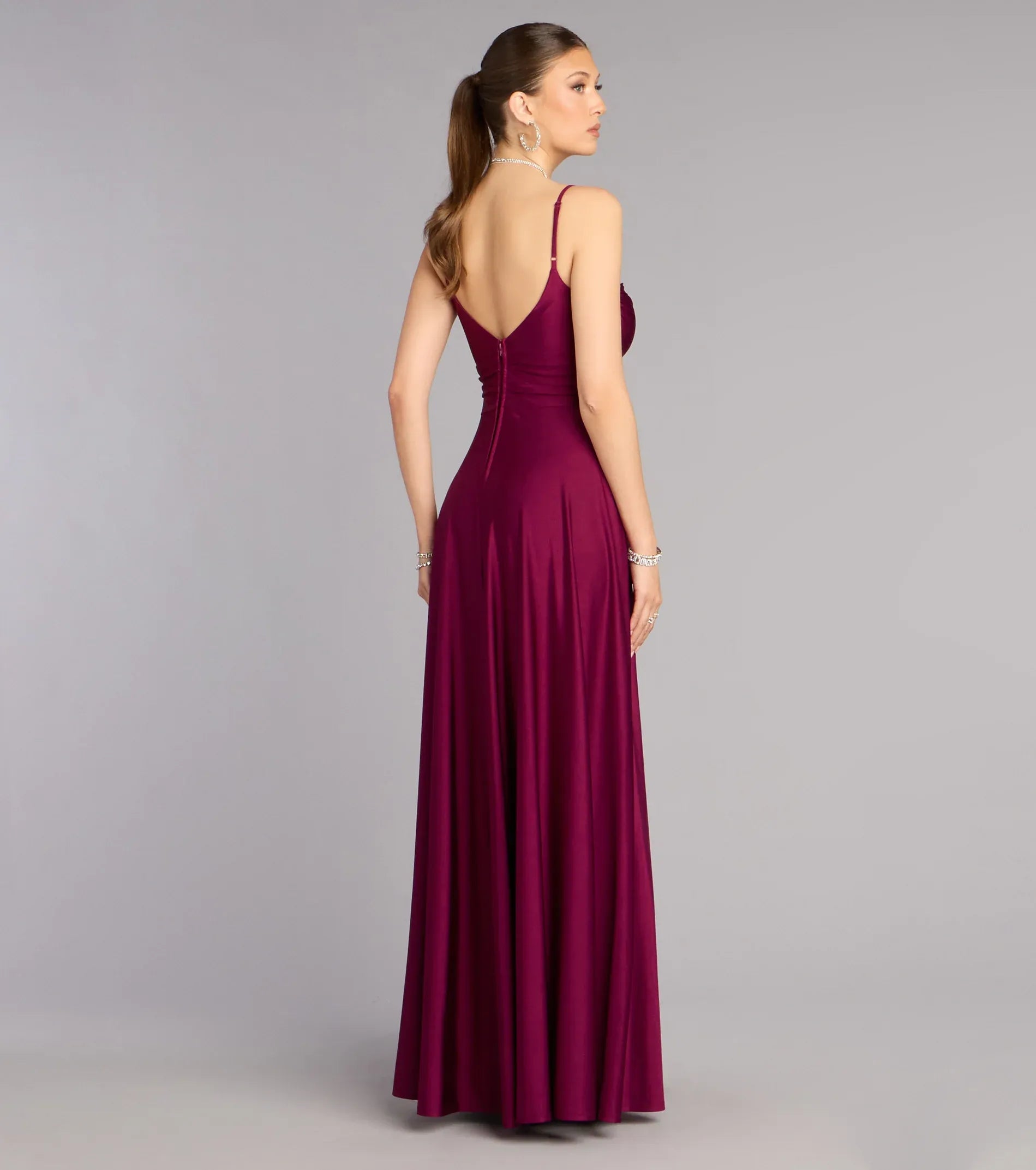 Burgundy Satin Spaghetti Strap Ruched V Neck High Slit A Line Wedding Guest Maxi Dress