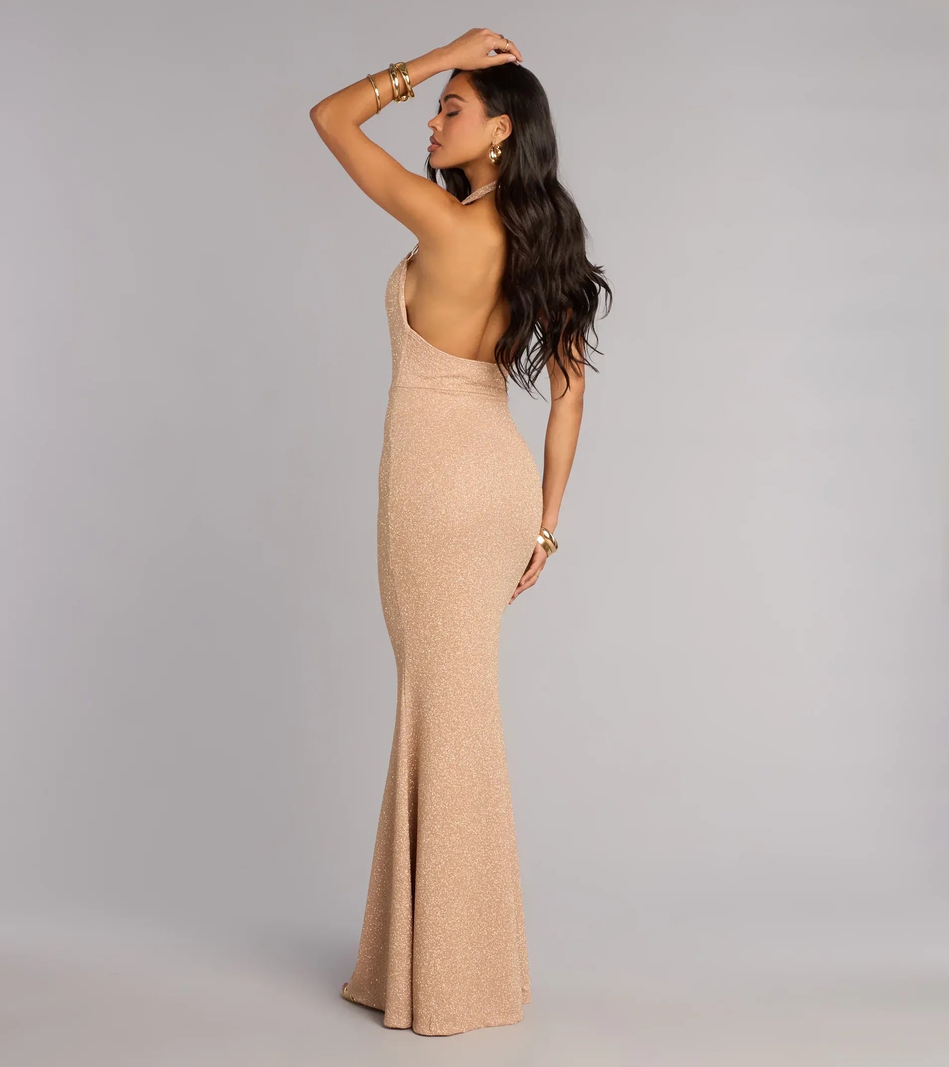 Nude Glitter Metal Ring Halter Cowl Open Back Mermaid Maxi Dress