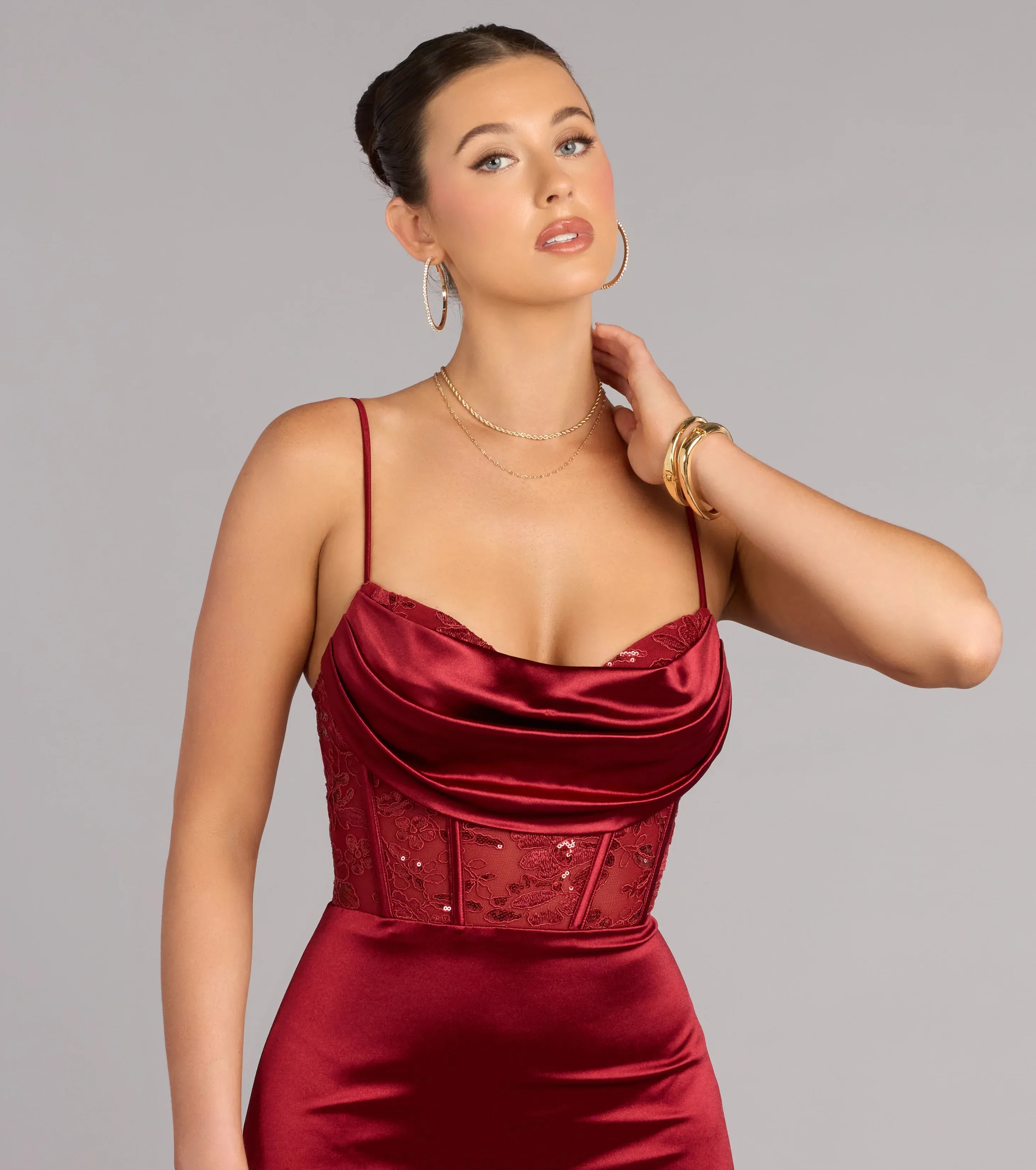 Burgundy Satin Cowl Neck Lace Corset Lace Up Back Mermaid Wedding Guest Maxi Dresses