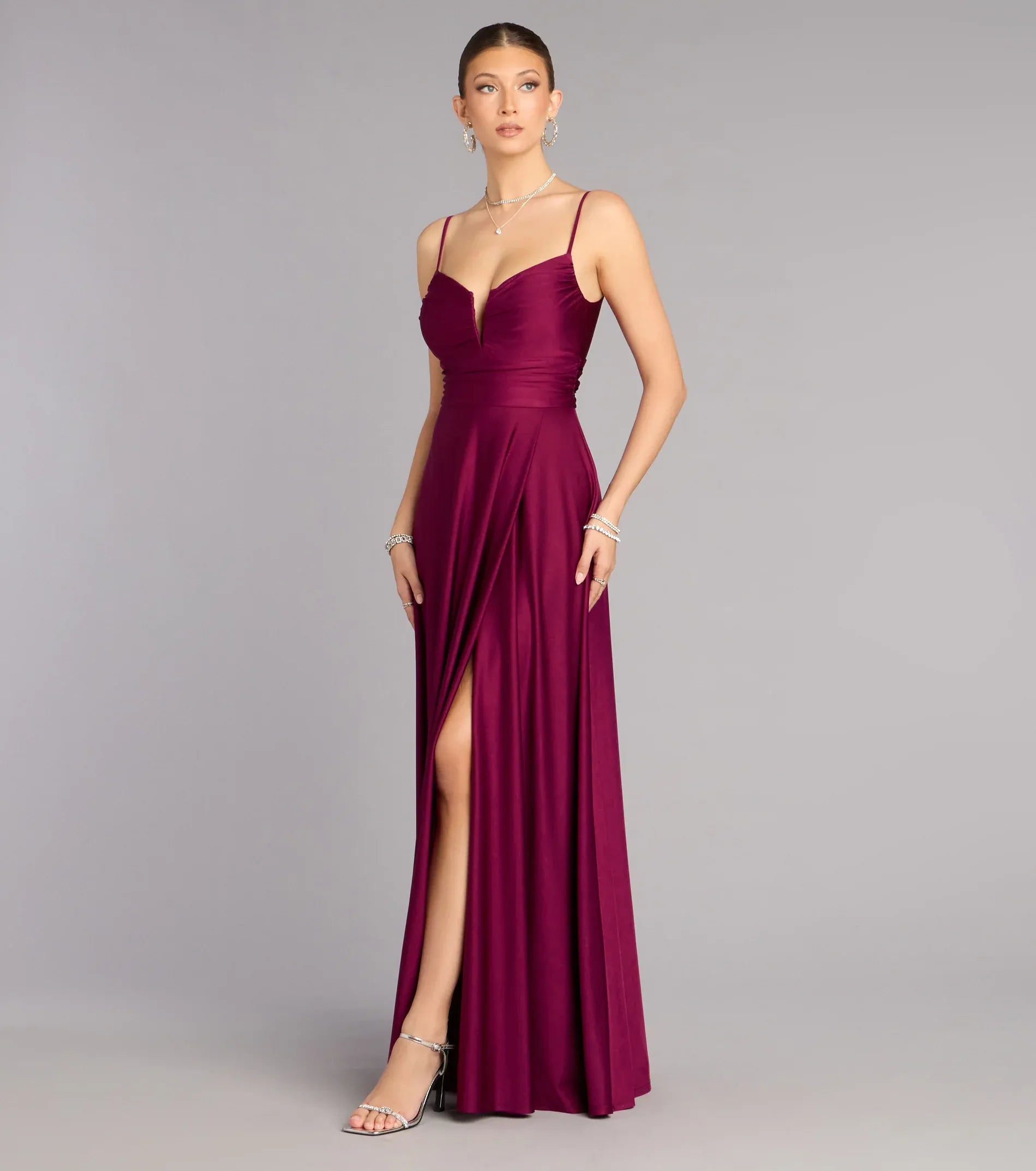 Burgundy Satin Spaghetti Strap Ruched V Neck High Slit A Line Wedding Guest Maxi Dress