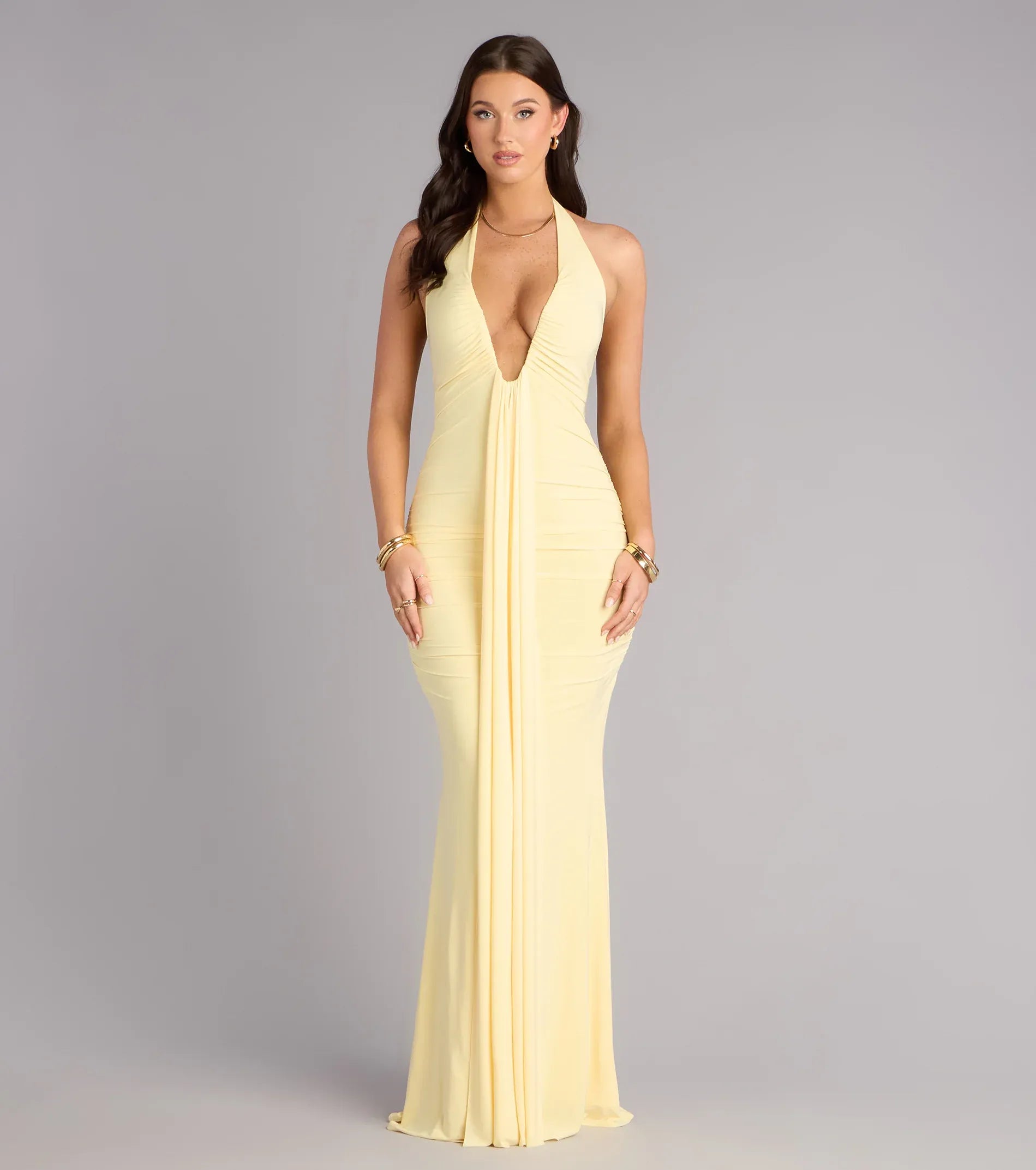 Buttery Yellow Mesh Mermaid Halter Deep V Backless Ruched Floor Length Wedding Guest Dresses