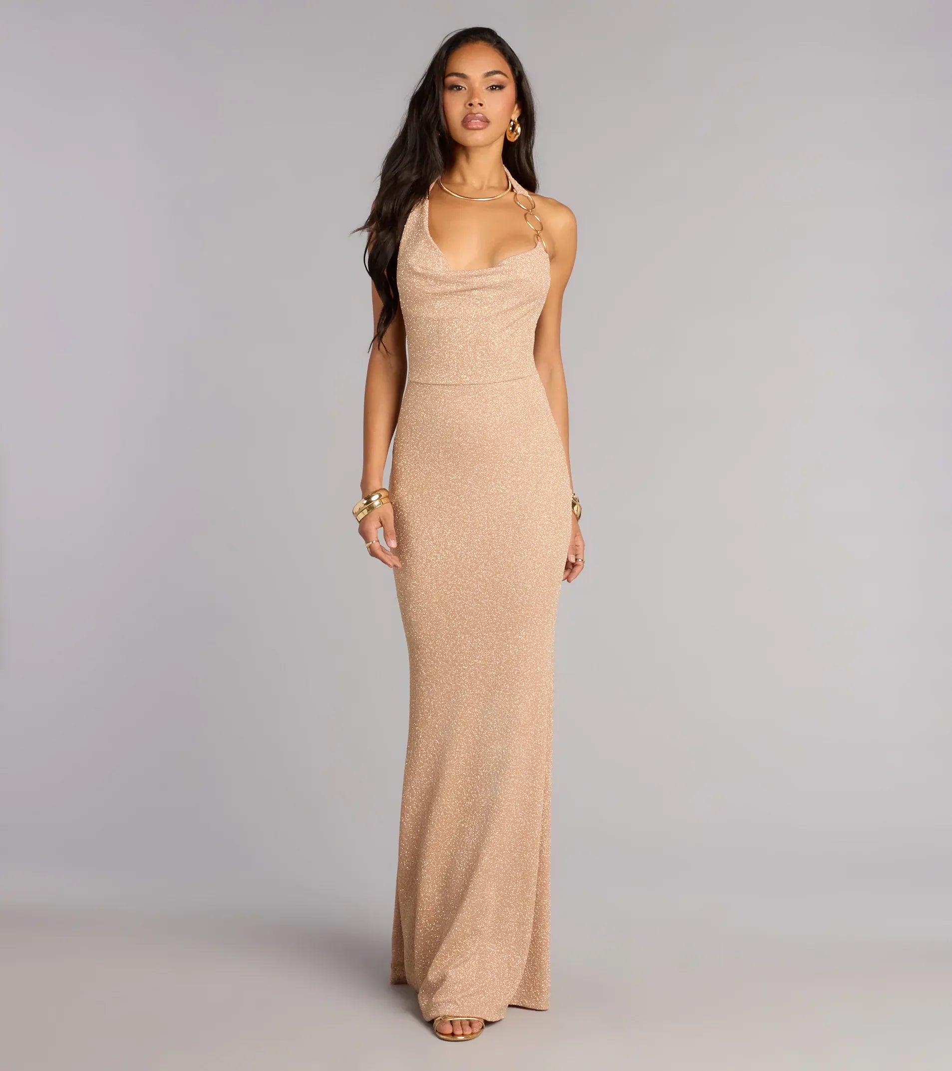 Nude Glitter Metal Ring Halter Cowl Open Back Mermaid Maxi Dress