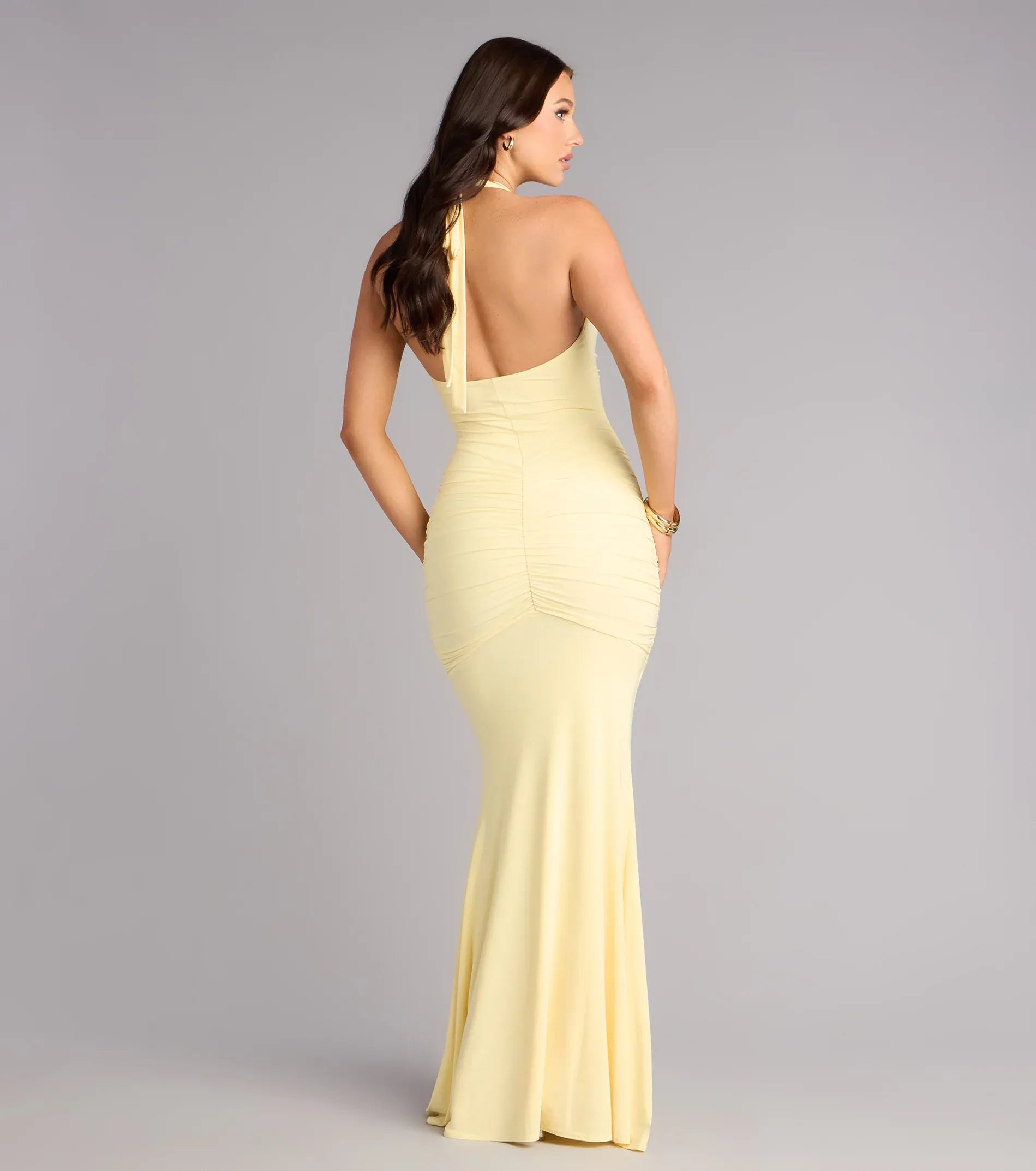 Buttery Yellow Mesh Mermaid Halter Deep V Backless Ruched Floor Length Wedding Guest Dresses