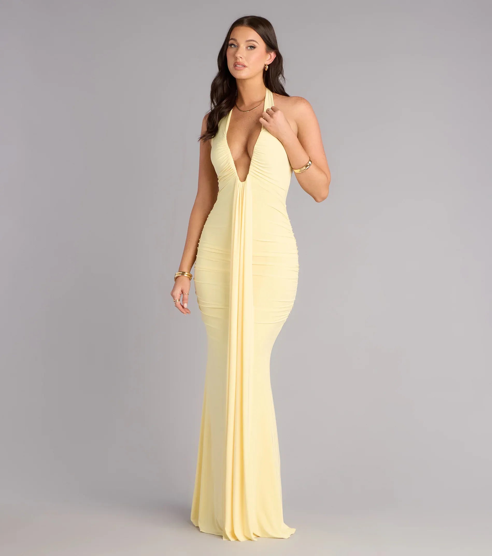 Buttery Yellow Mesh Mermaid Halter Deep V Backless Ruched Floor Length Wedding Guest Dresses