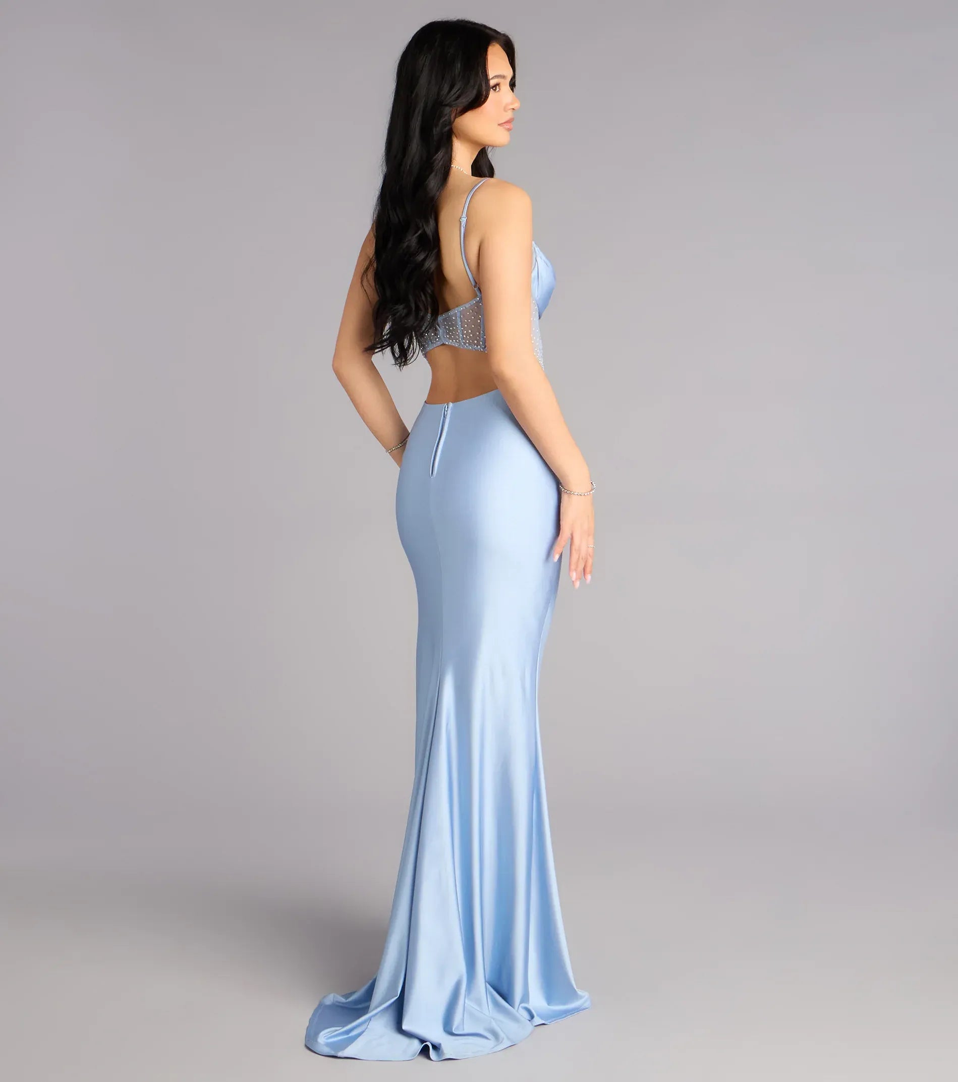 Dreamy Light Blue Satin Mermaid Cowl Spaghetti‑Strap Sheer‑Corset High‑Slit Floor‑Length Wedding Guest Dresses