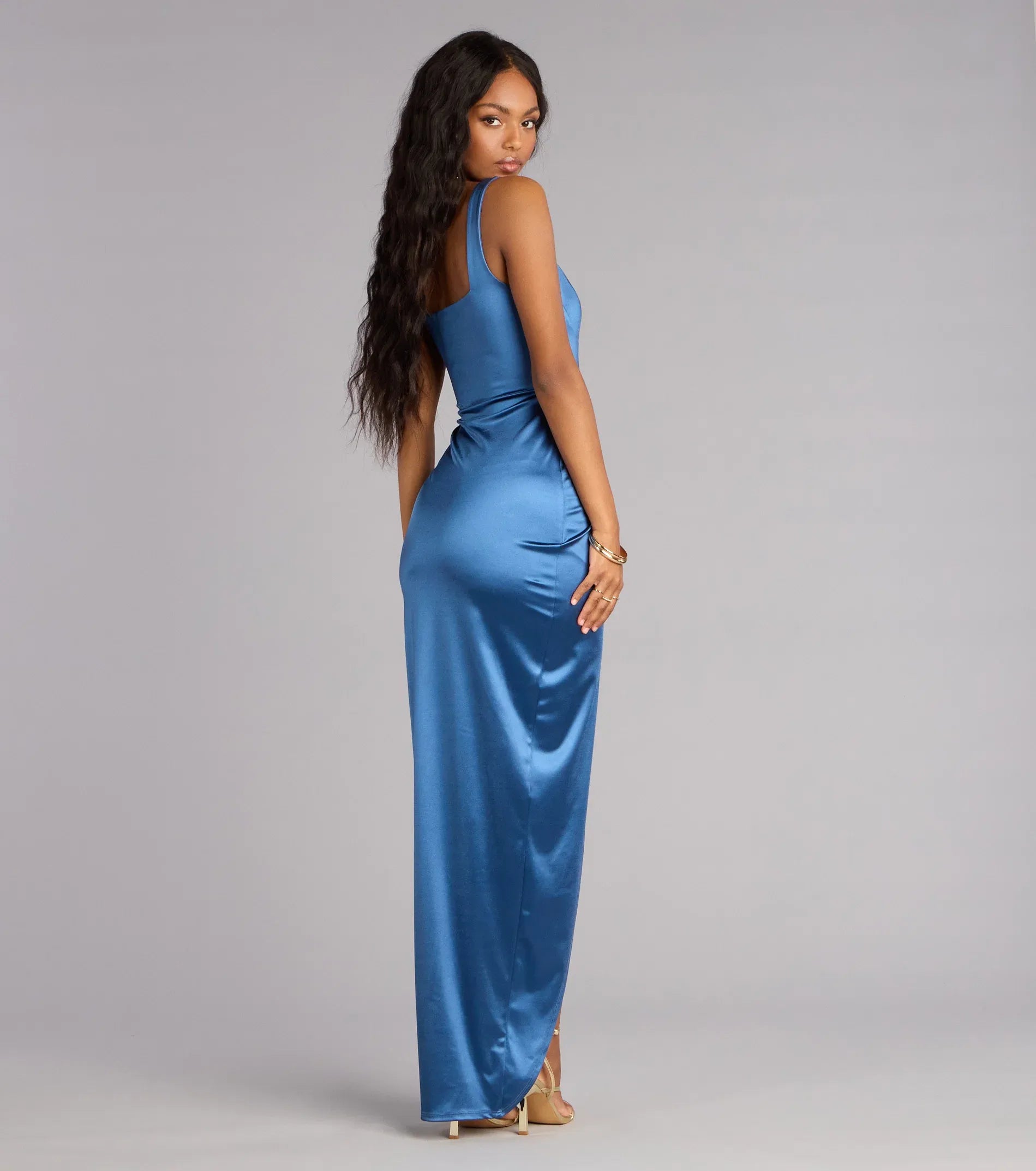 Chic Blue Satin Square Neck Slit Midi Wedding Guest Dresses