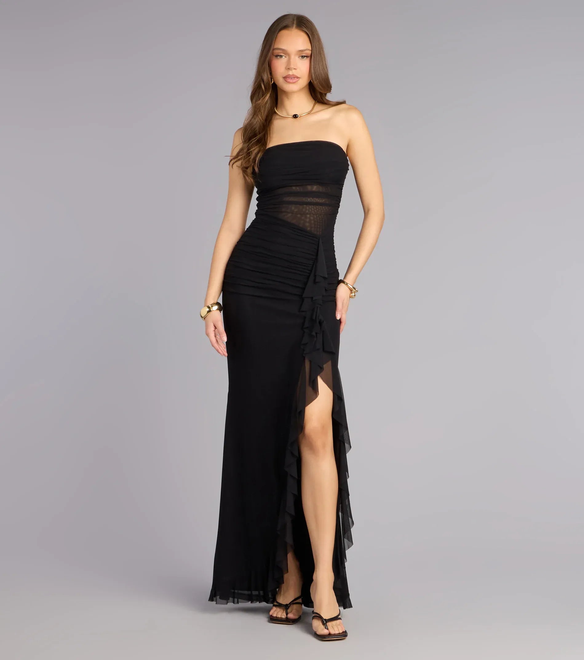 Black Strapless Mesh Ruched Ruffle High Slit Mermaid Wedding Guest Maxi Dress