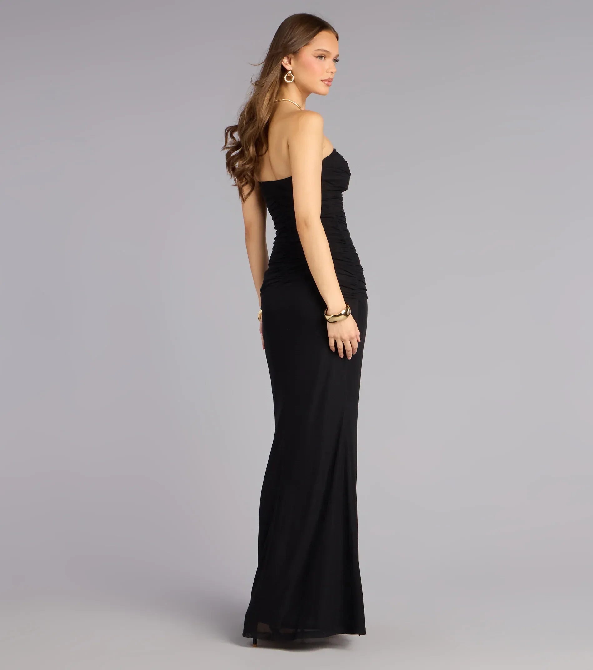 Black Strapless Mesh Ruched Ruffle High Slit Mermaid Wedding Guest Maxi Dress