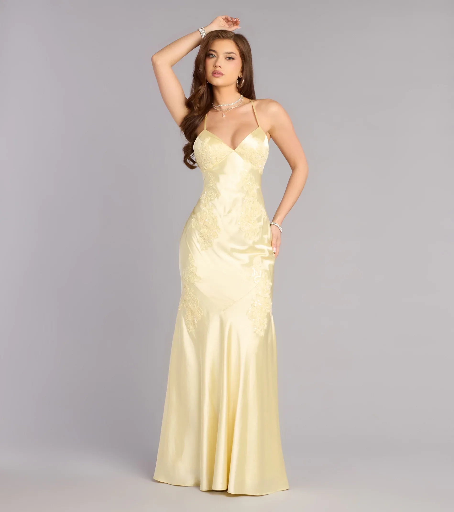 Pale Yellow Satin Lace Applique Halter Tie Open Back Mermaid Long Gown