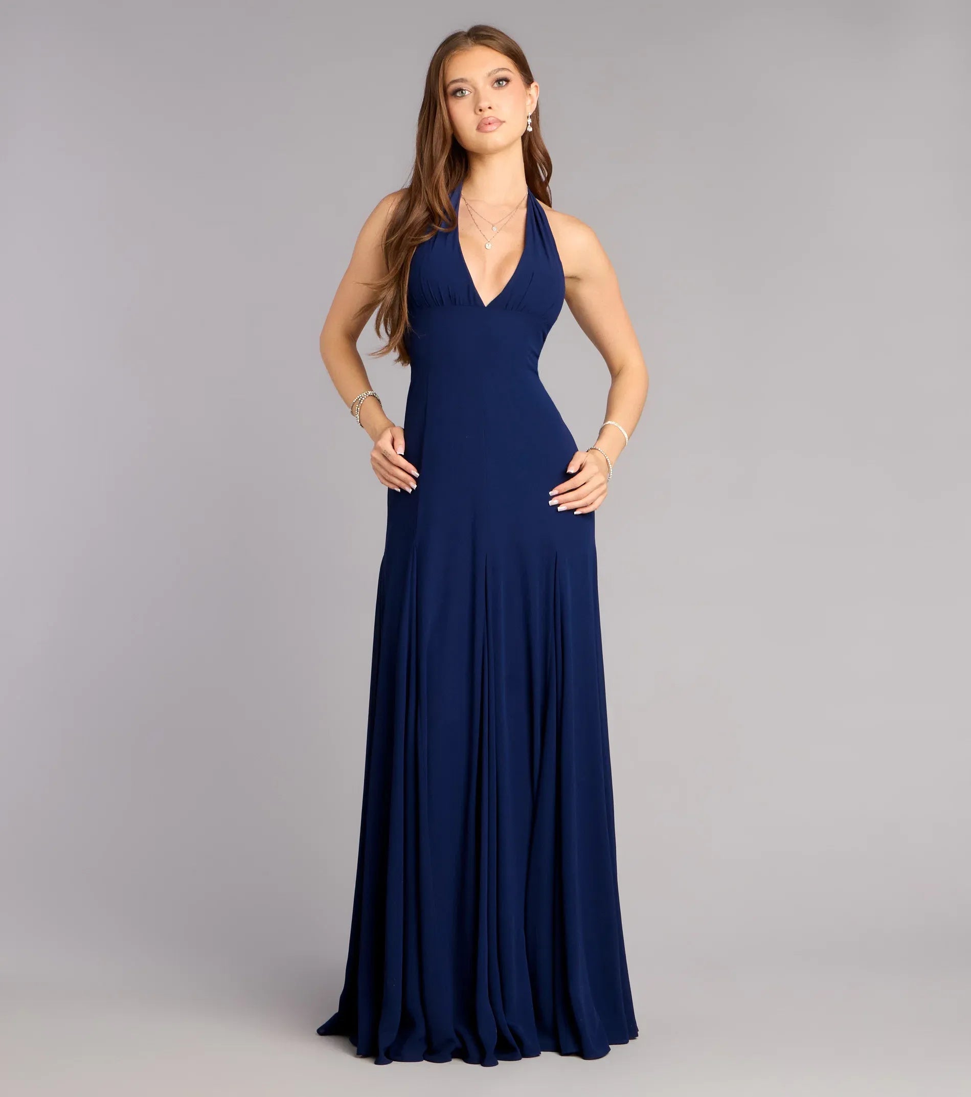 Classic Navy Halter V Neck Flared Floor Length Wedding Guest Dress