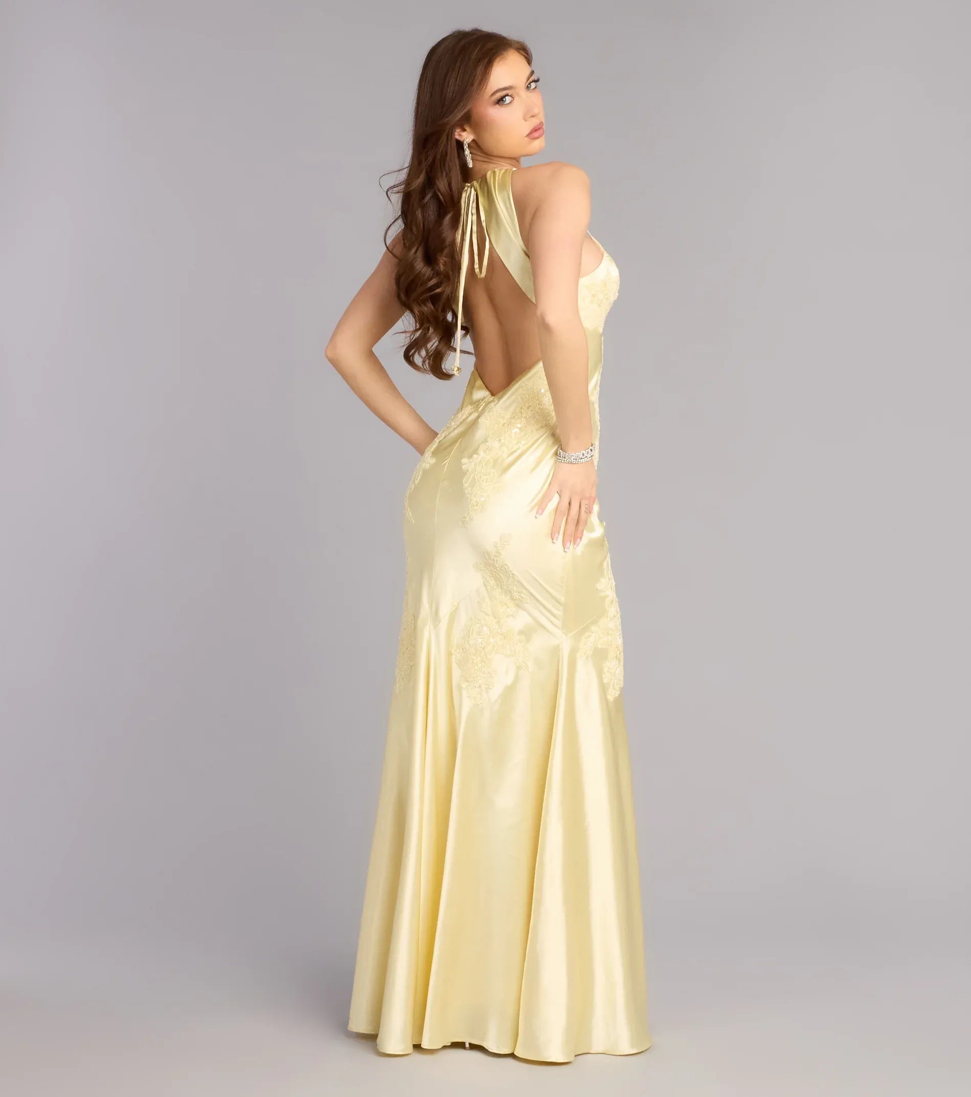 Pale Yellow Satin Lace Applique Halter Tie Open Back Mermaid Long Gown