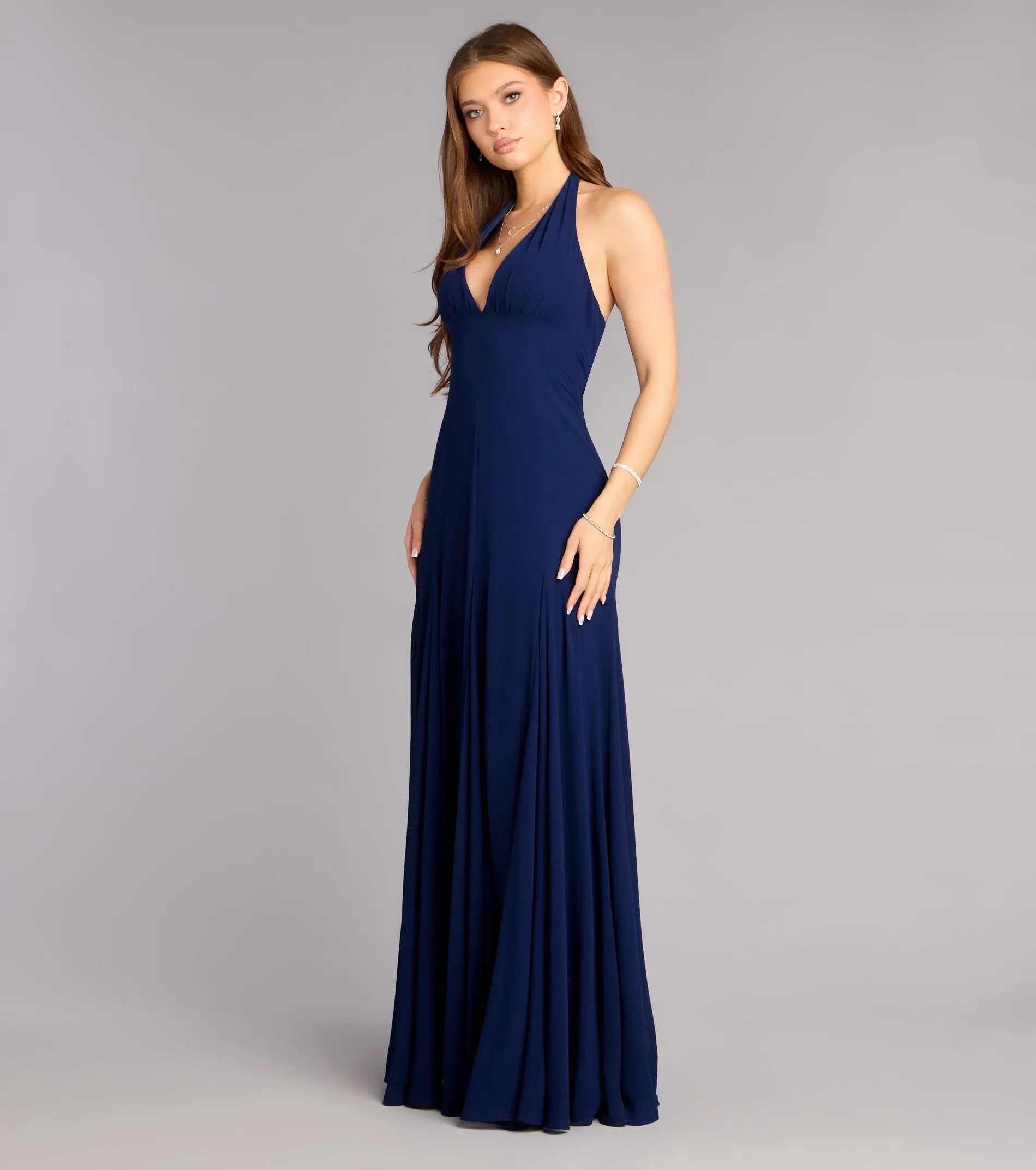 Classic Navy Halter V Neck Flared Floor Length Wedding Guest Dress