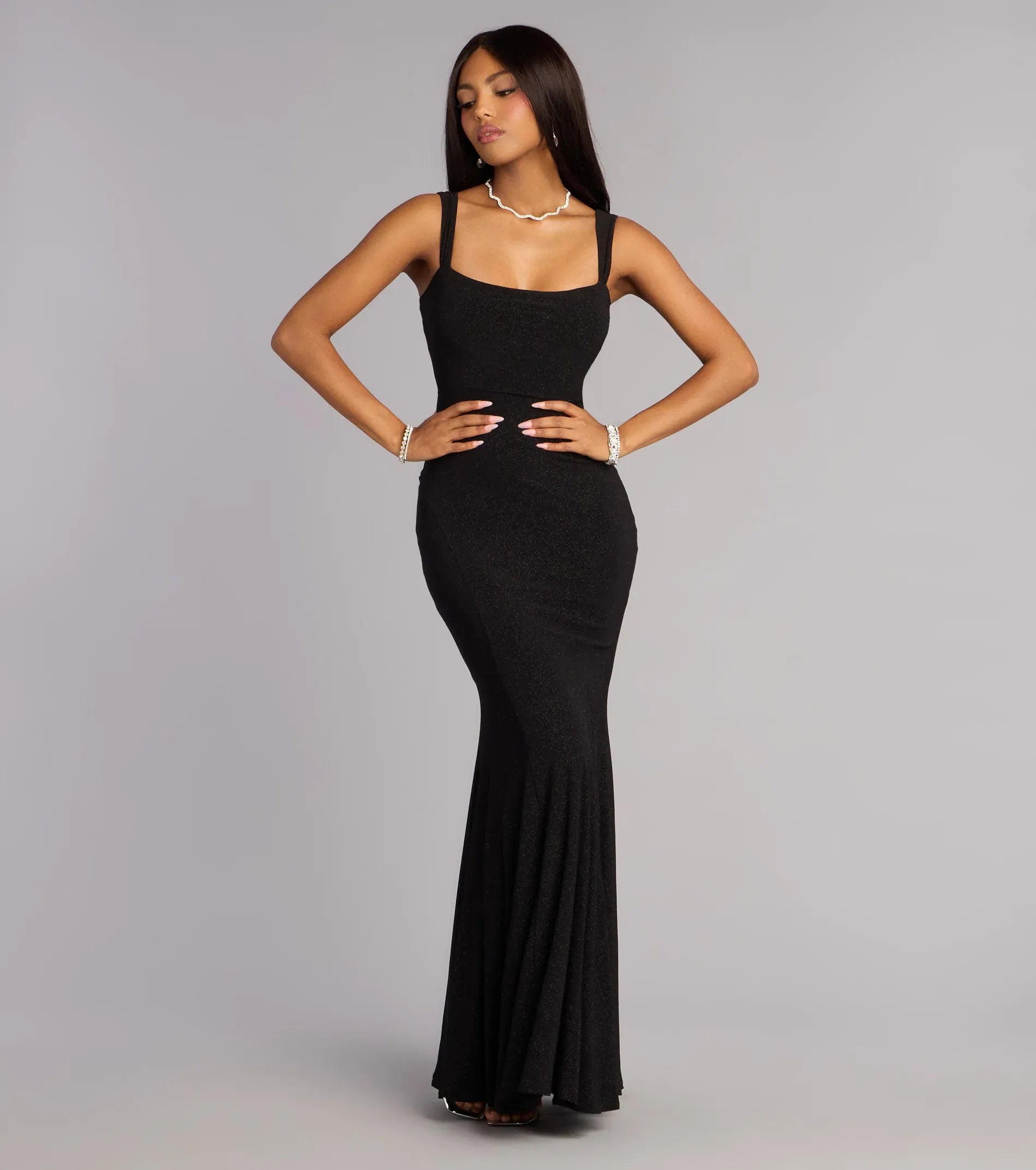 Glam Black Glitter Square Neck Lace‑Up Mermaid Wedding Guest Dresses