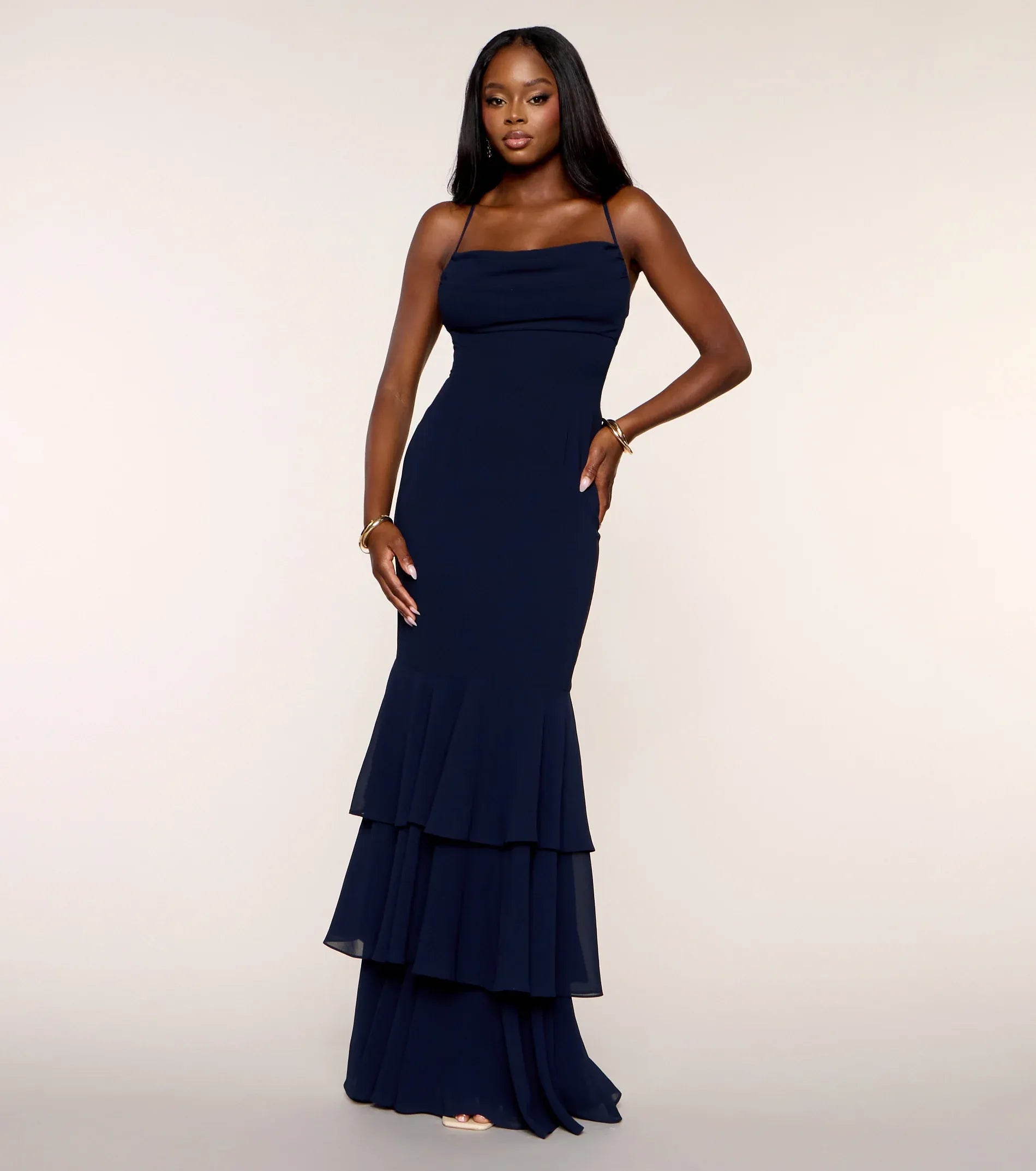 Navy Halter Sash Draped Neck Tiered Ruffle Mermaid Wedding Guest Maxi Dress