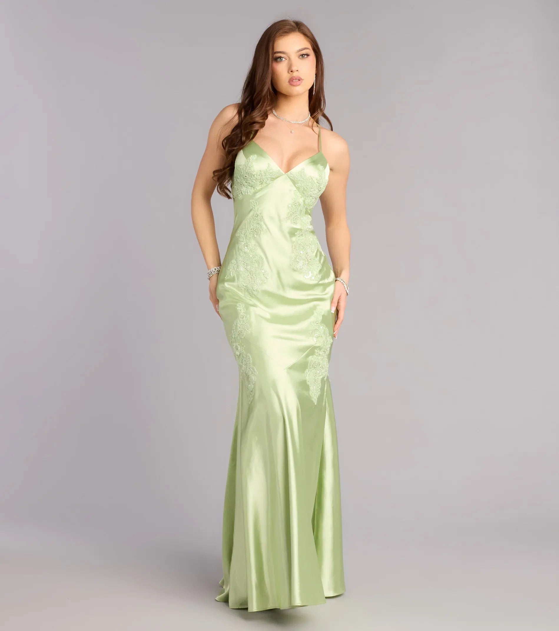 Elegant Sage Satin Lace Appliqué Open Back Mermaid Evening Gown