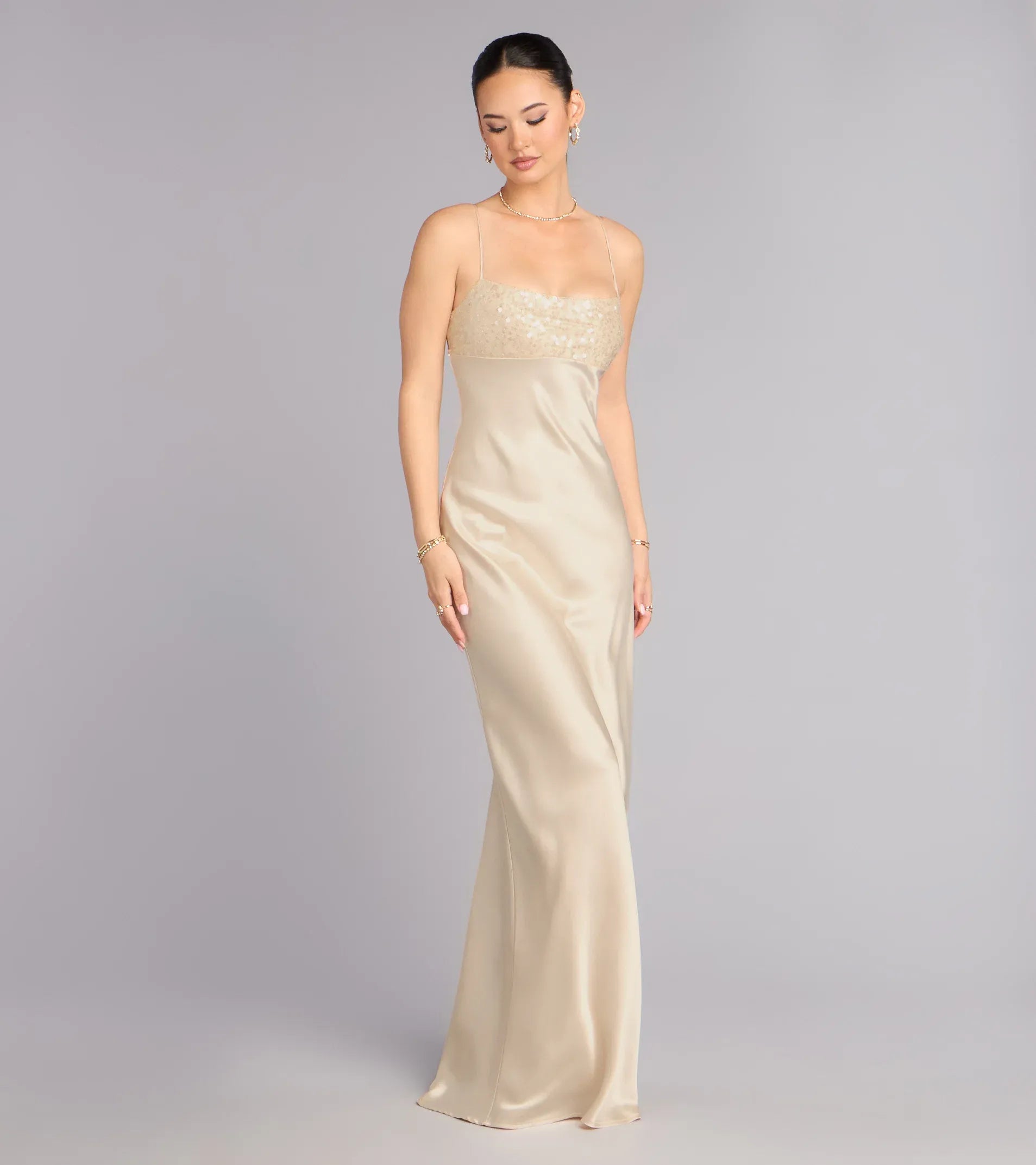 Luxury Champagne Sequin Spaghetti Strap Lace Up Back Mermaid Gown