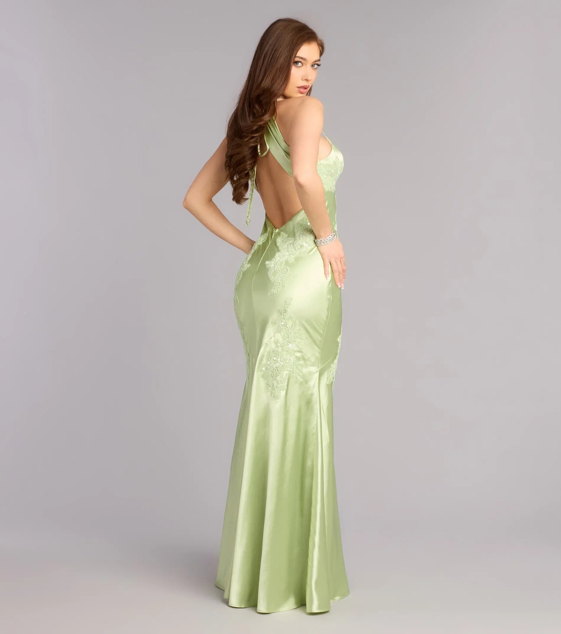 Elegant Sage Satin Lace Appliqué Open Back Mermaid Evening Gown