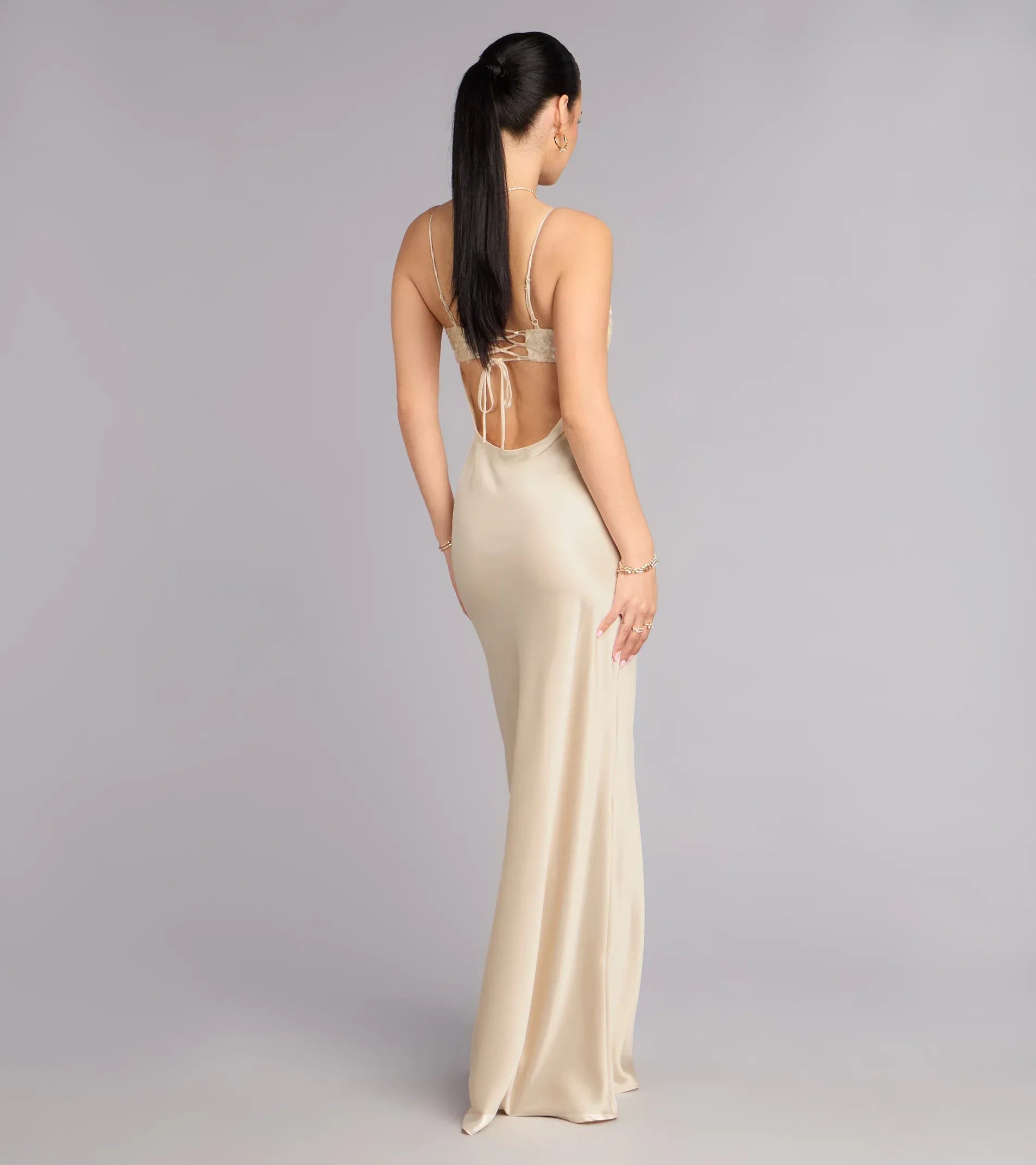 Luxury Champagne Sequin Spaghetti Strap Lace Up Back Mermaid Gown