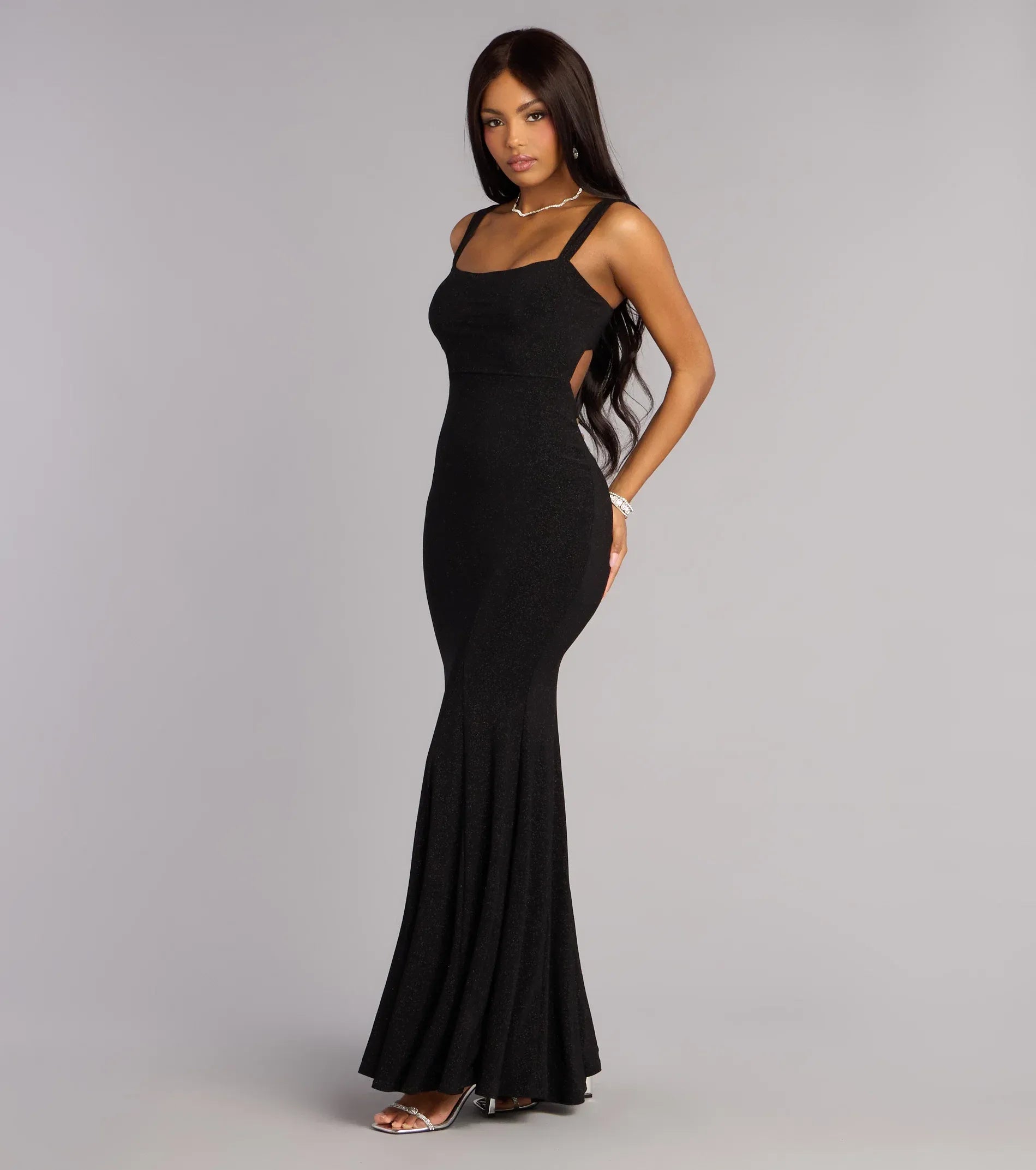 Glam Black Glitter Square Neck Lace‑Up Mermaid Wedding Guest Dresses