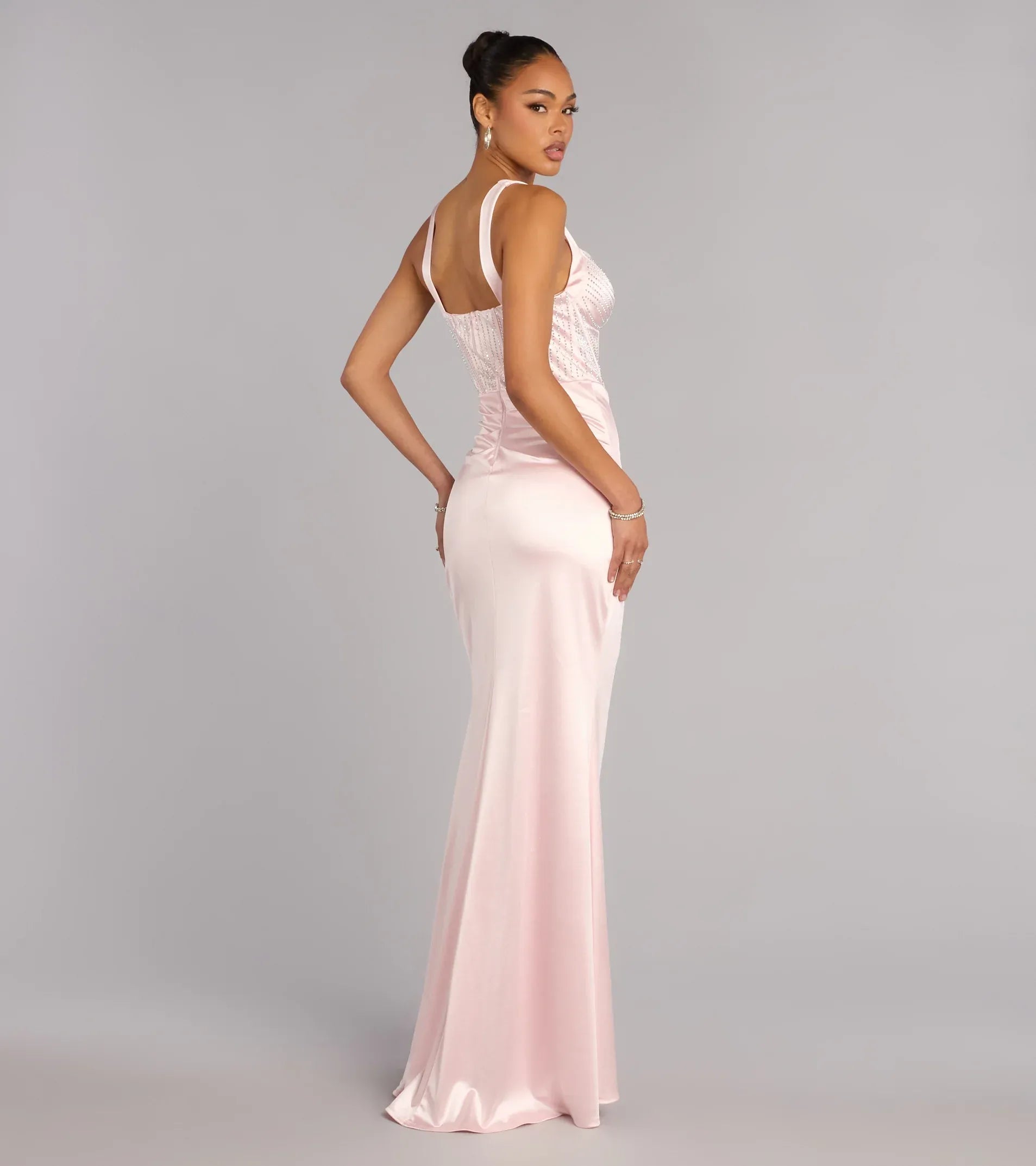 Fairytale Pink Satin Strapless Corset Rhinestone Sweetheart A Line Floor Length Wedding Guest Dresses