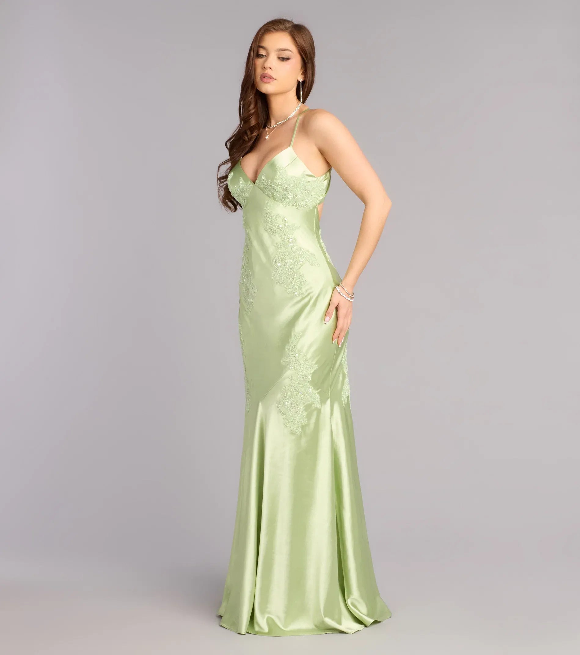 Elegant Sage Satin Lace Appliqué Open Back Mermaid Evening Gown