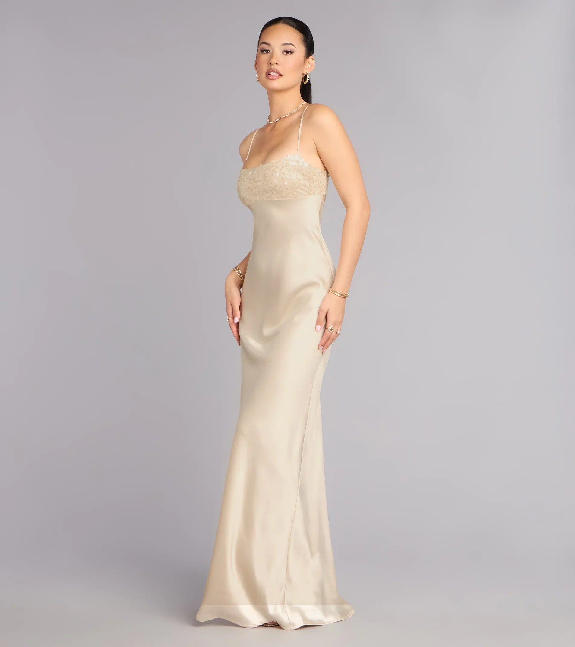 Luxury Champagne Sequin Spaghetti Strap Lace Up Back Mermaid Gown