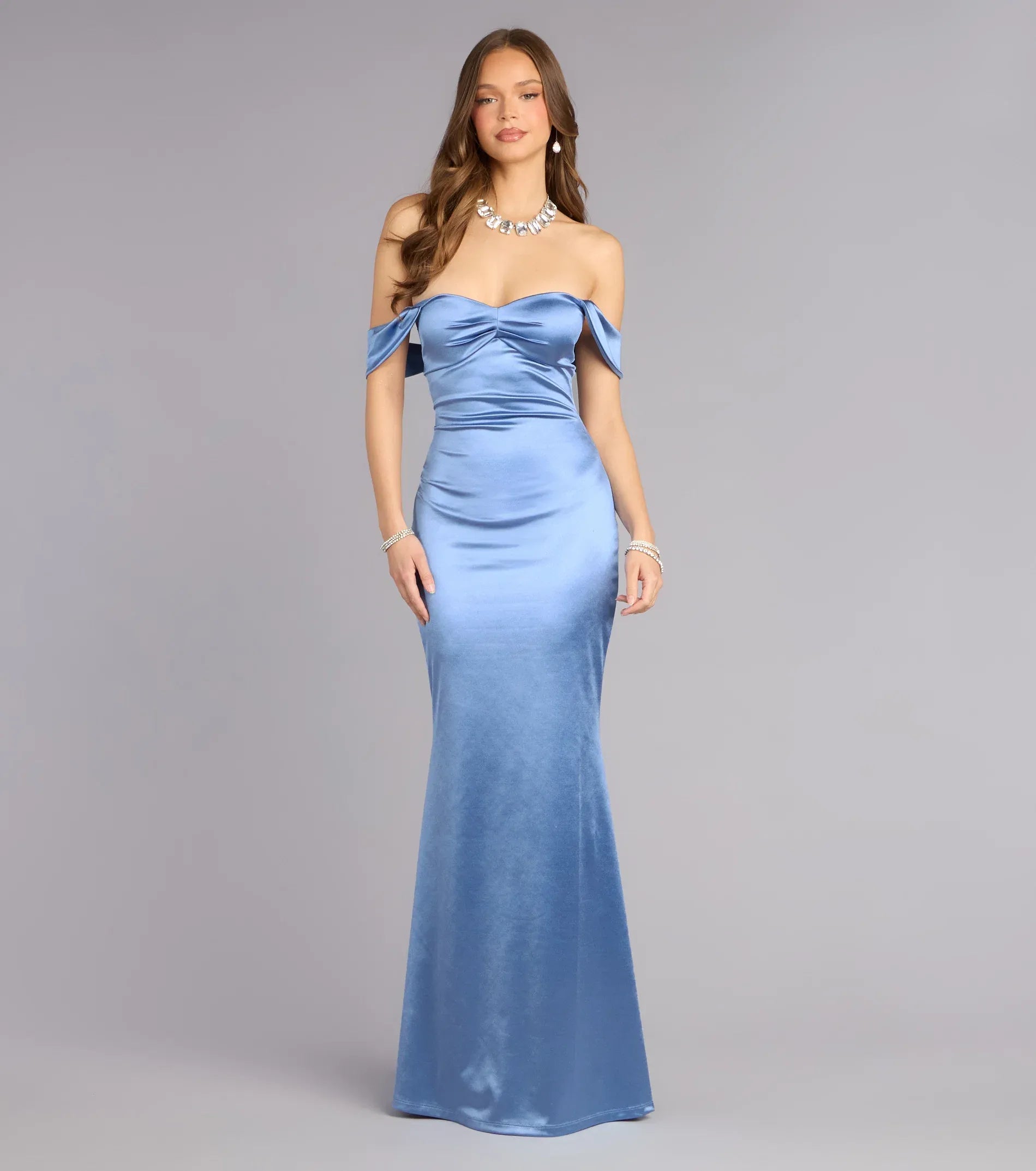 Gorgeous Dusty Blue Satin Off Shoulder Mermaid Long Formal Gown