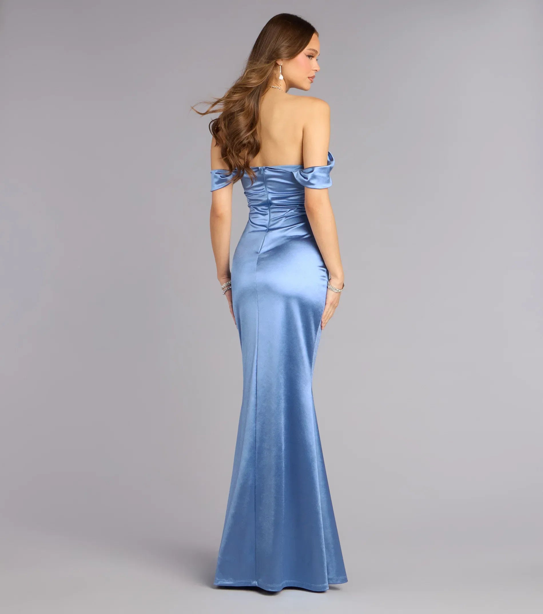 Gorgeous Dusty Blue Satin Off Shoulder Mermaid Long Formal Gown