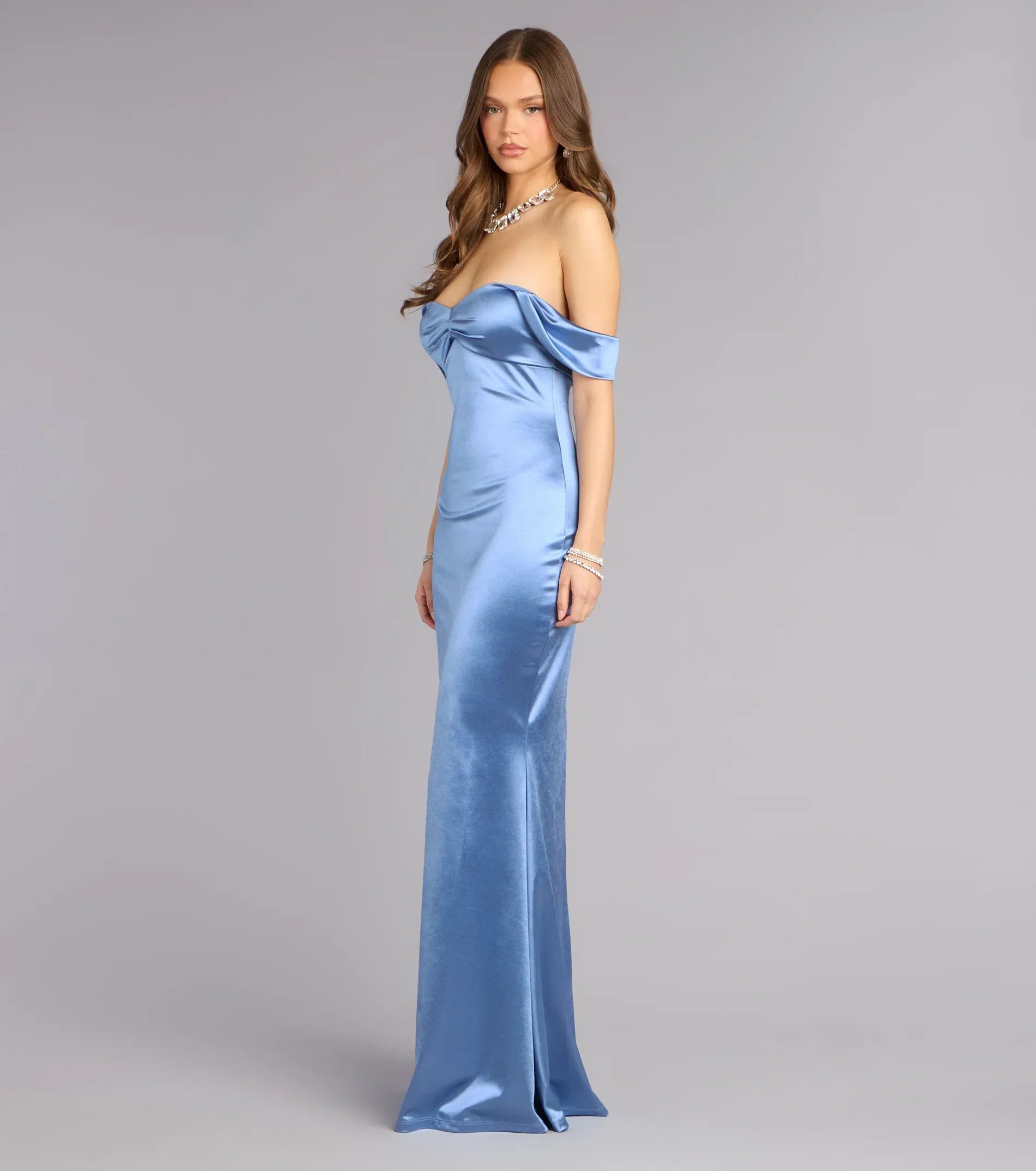 Gorgeous Dusty Blue Satin Off Shoulder Mermaid Long Formal Gown