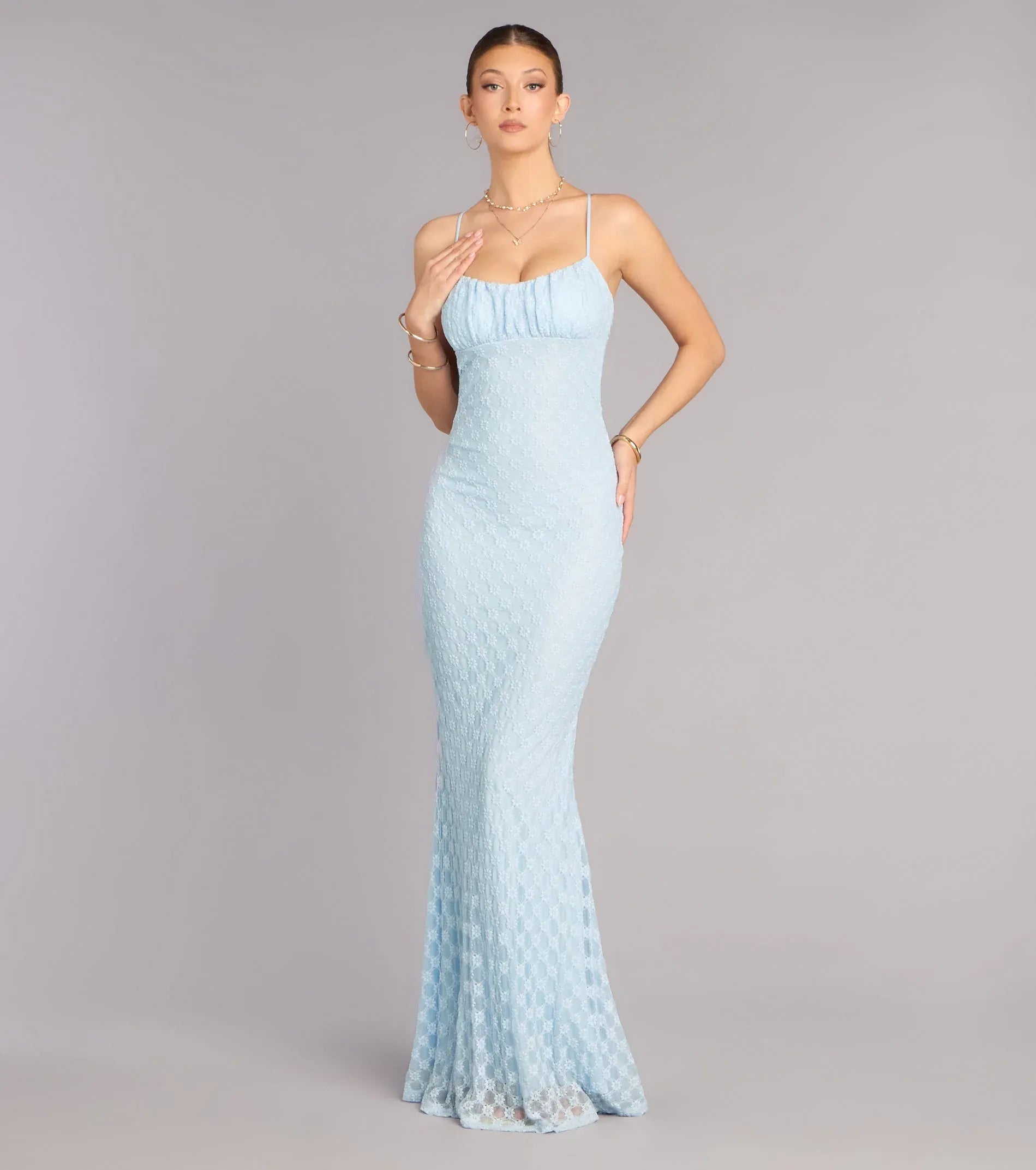 Light Blue Spaghetti Strap Floral Lace Cross Tie Back Mermaid Maxi Dress