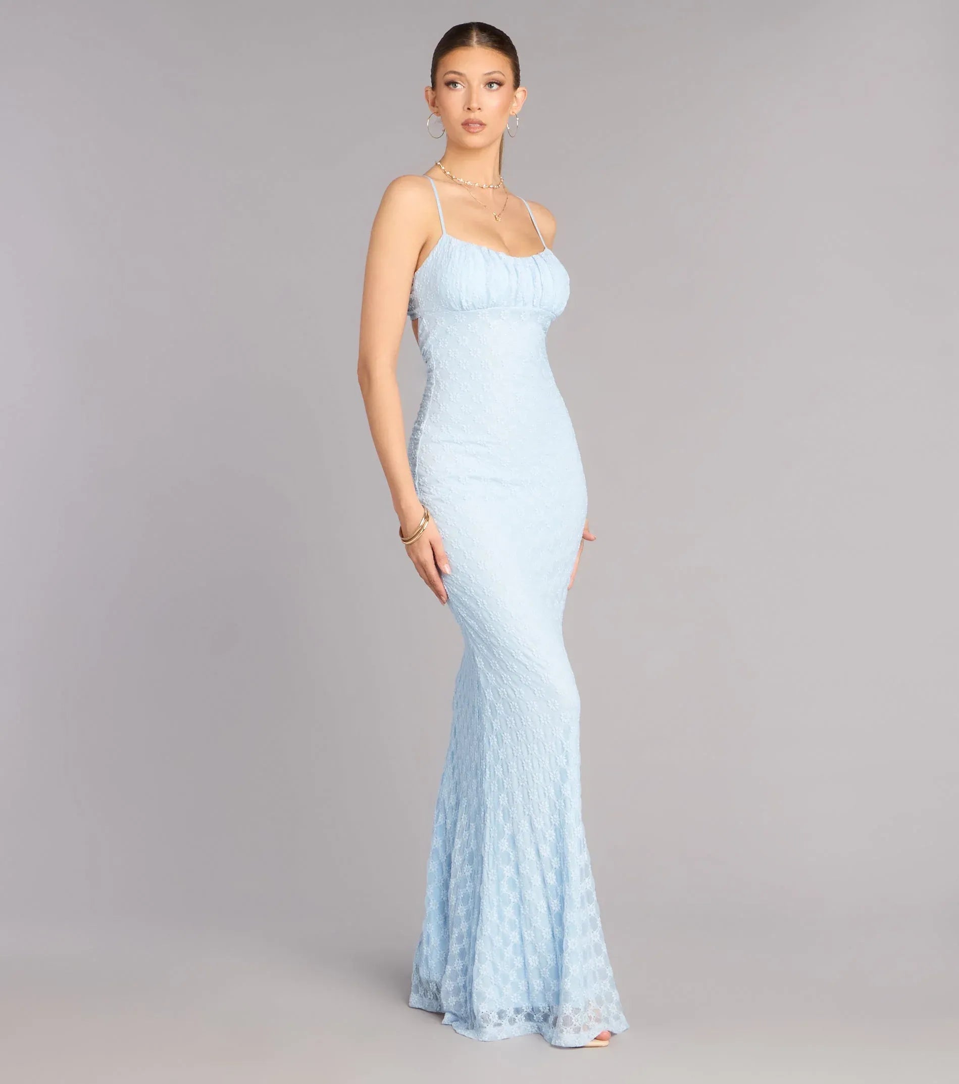 Light Blue Spaghetti Strap Floral Lace Cross Tie Back Mermaid Maxi Dress