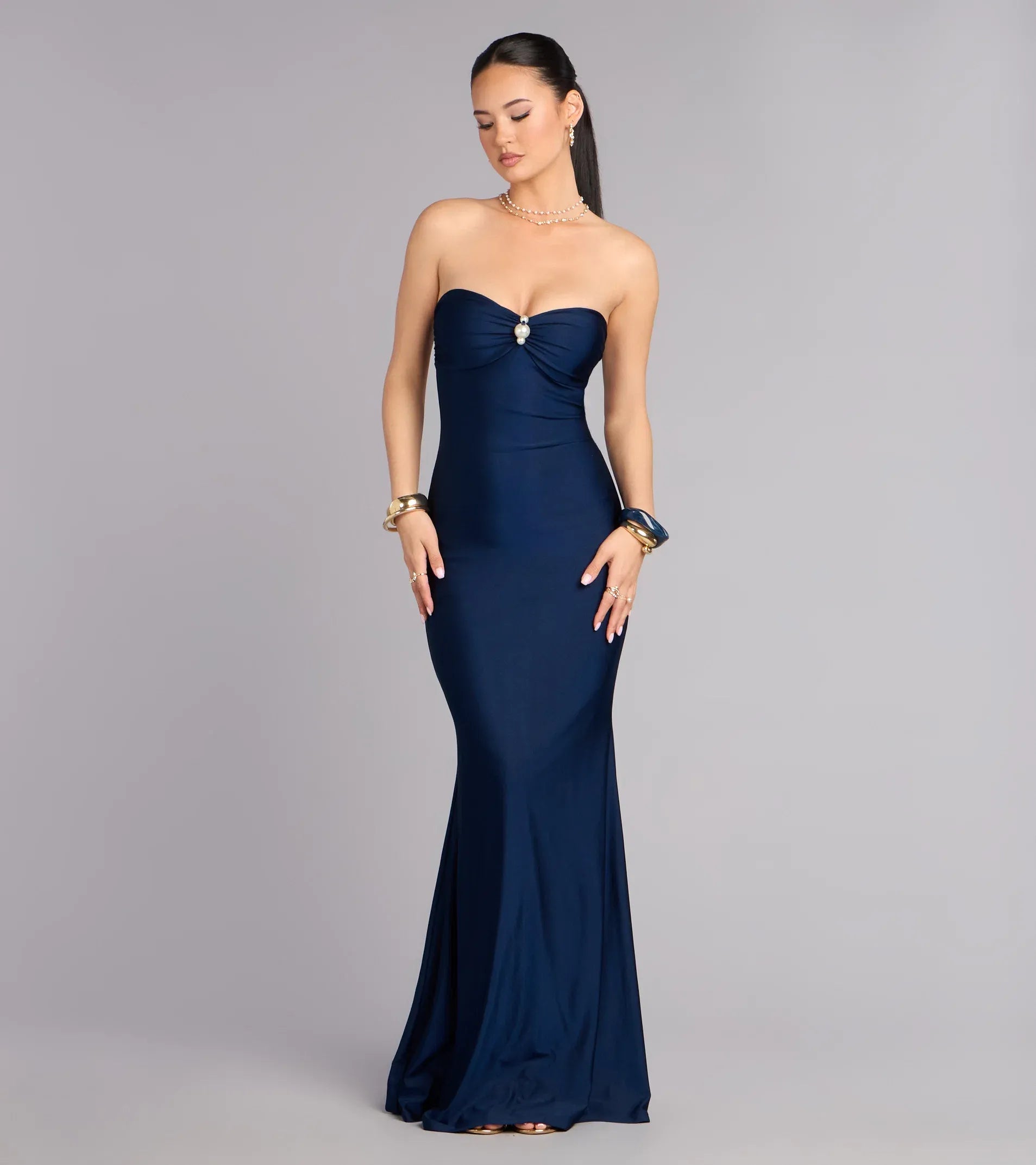 Elegant Navy Strapless Pearl Detail Mermaid Floor Length Gown